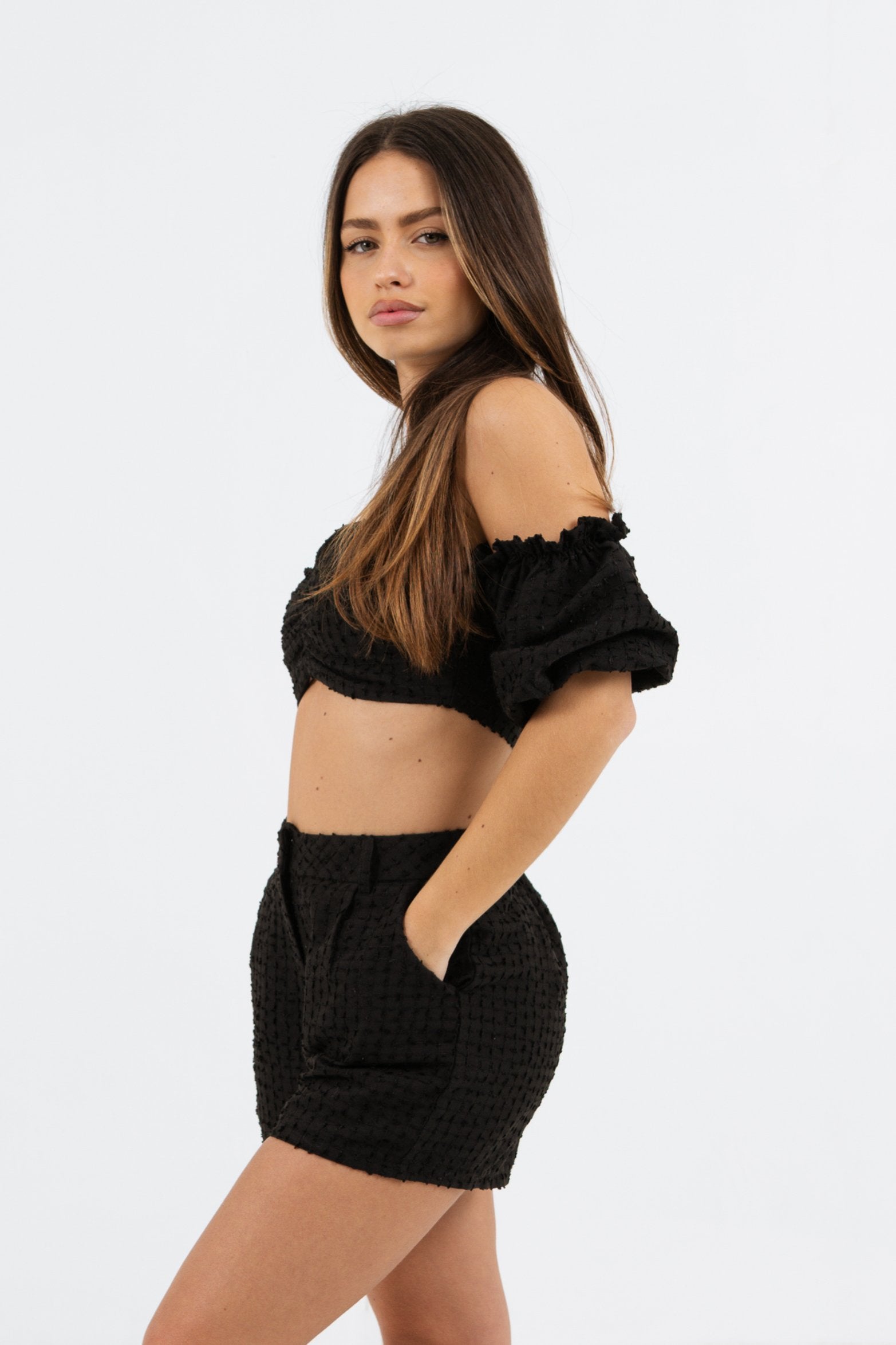 Sixth June - Ensemble top + short boheme texturé Noir