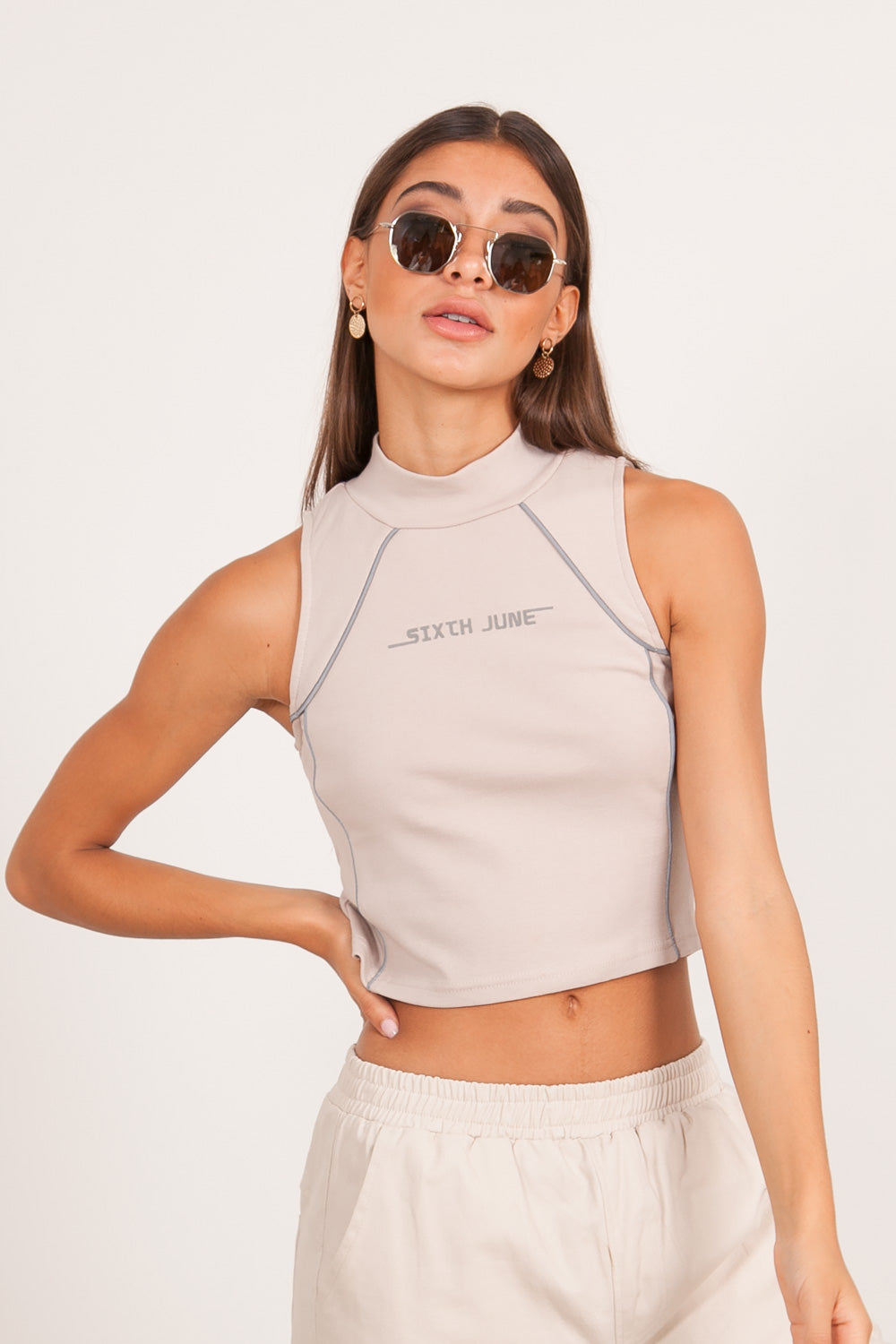 Sixth June - Top réfléchissant liseré logo beige