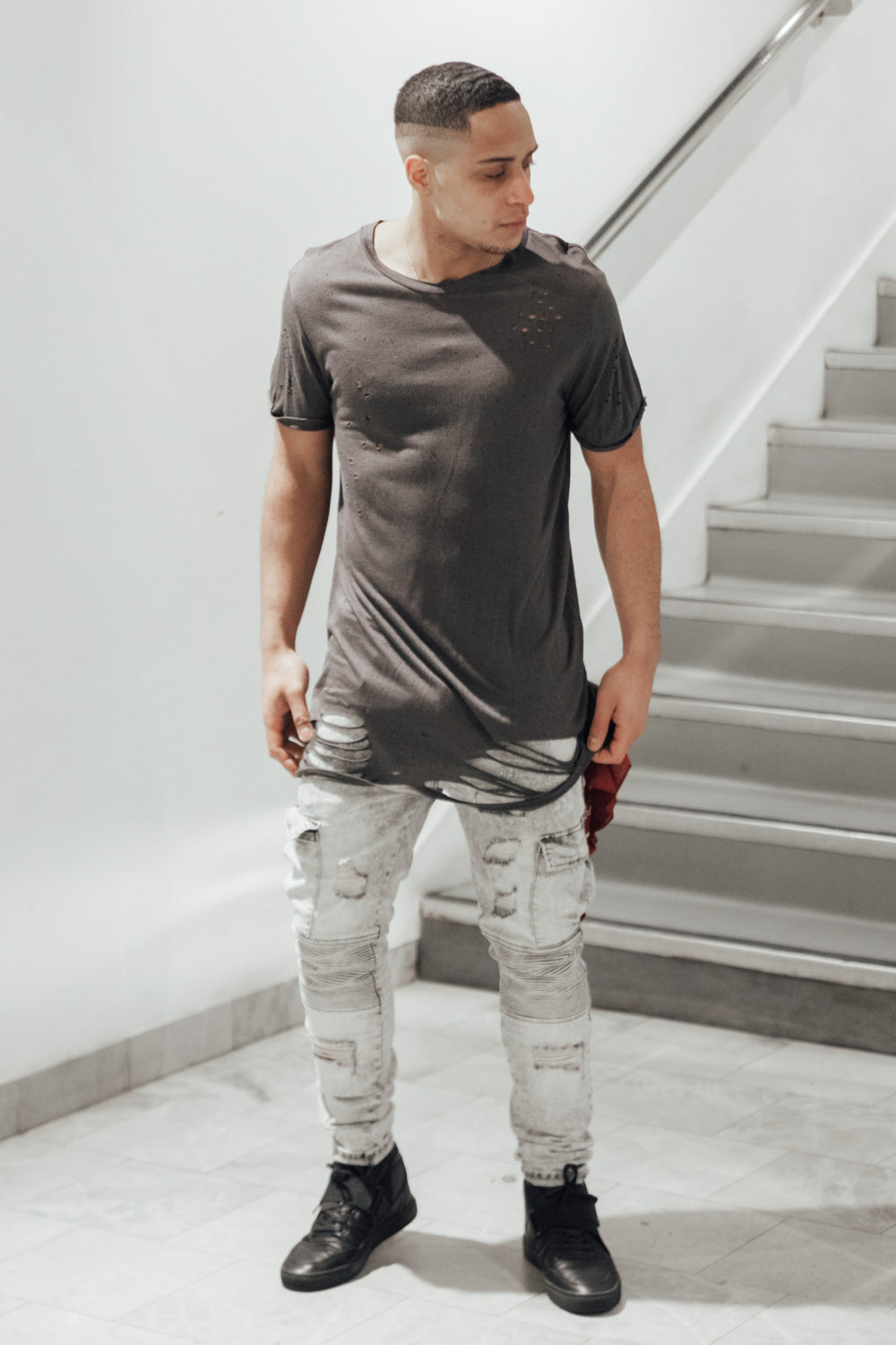 Sixth June - T-shirt oversize moucheté destroy gris foncé M2222VTS