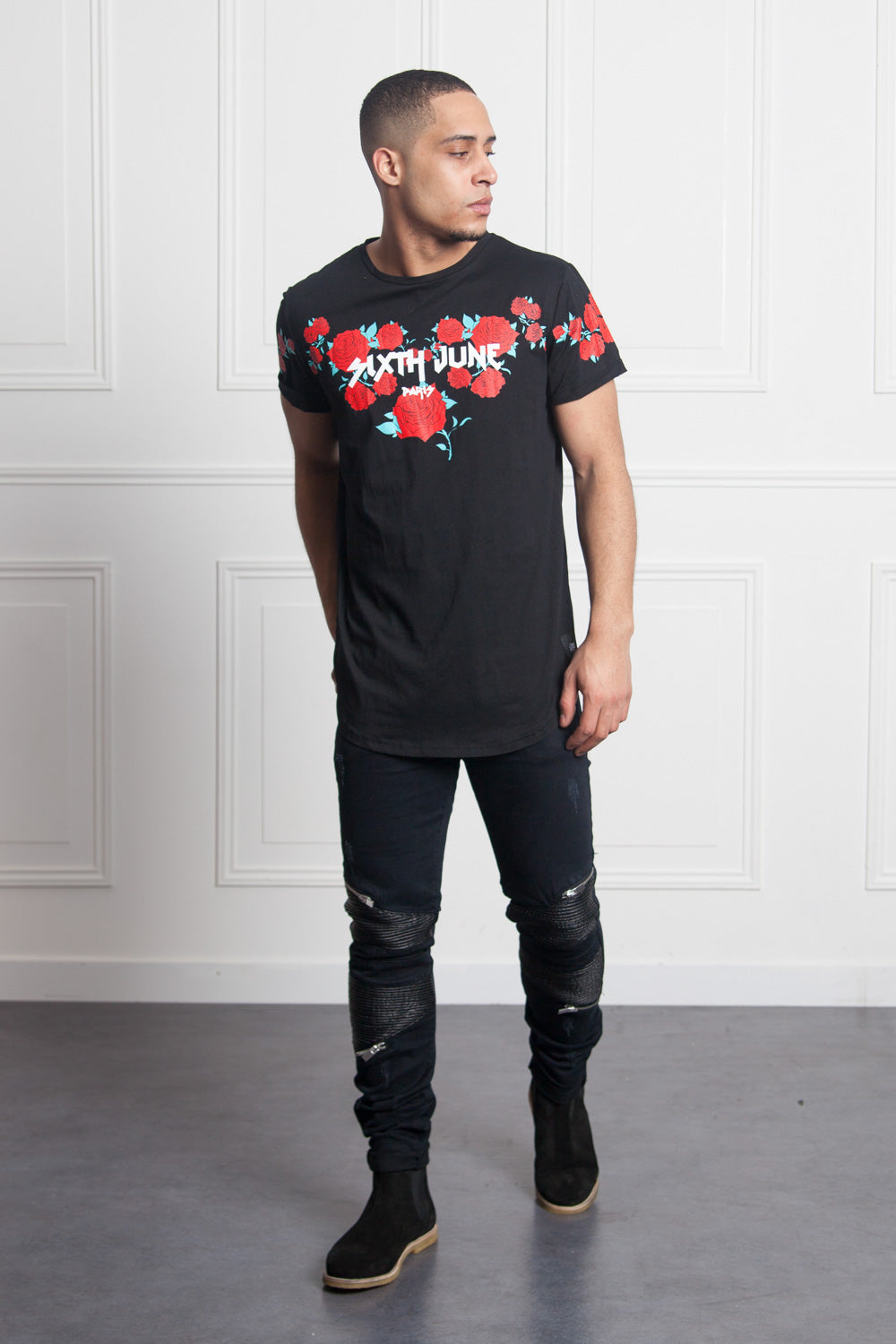 Sixth June - T-shirt roses flock print black M2525VTS