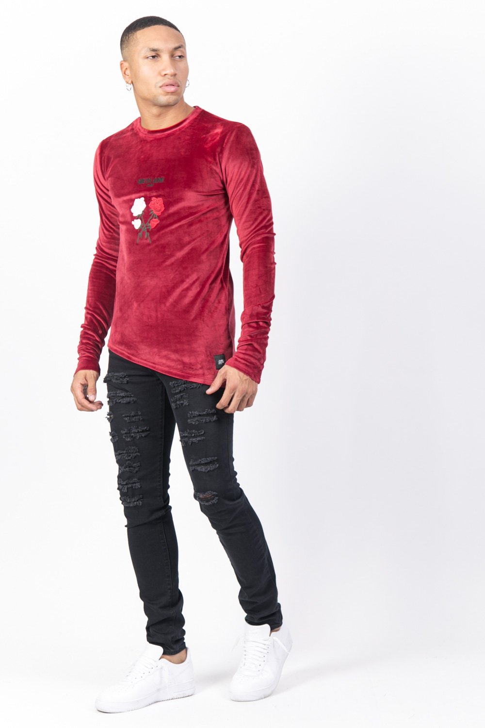 Asymmetrisches T-Shirt aus burgunderrosafarbenem Samt