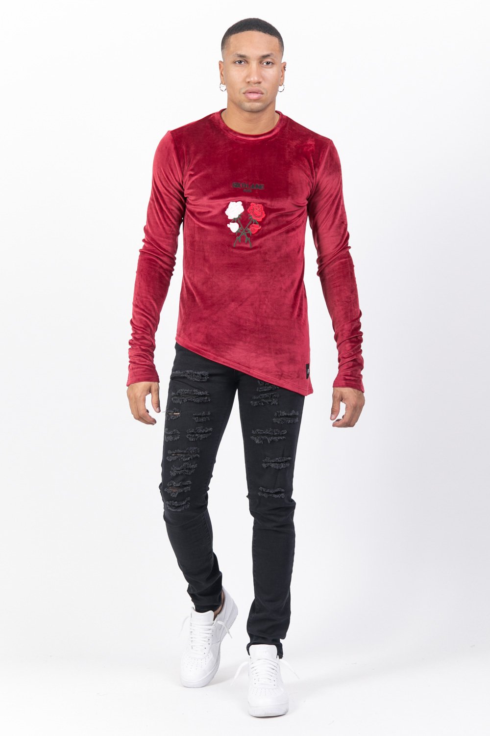 Asymmetrisches T-Shirt aus burgunderrosafarbenem Samt