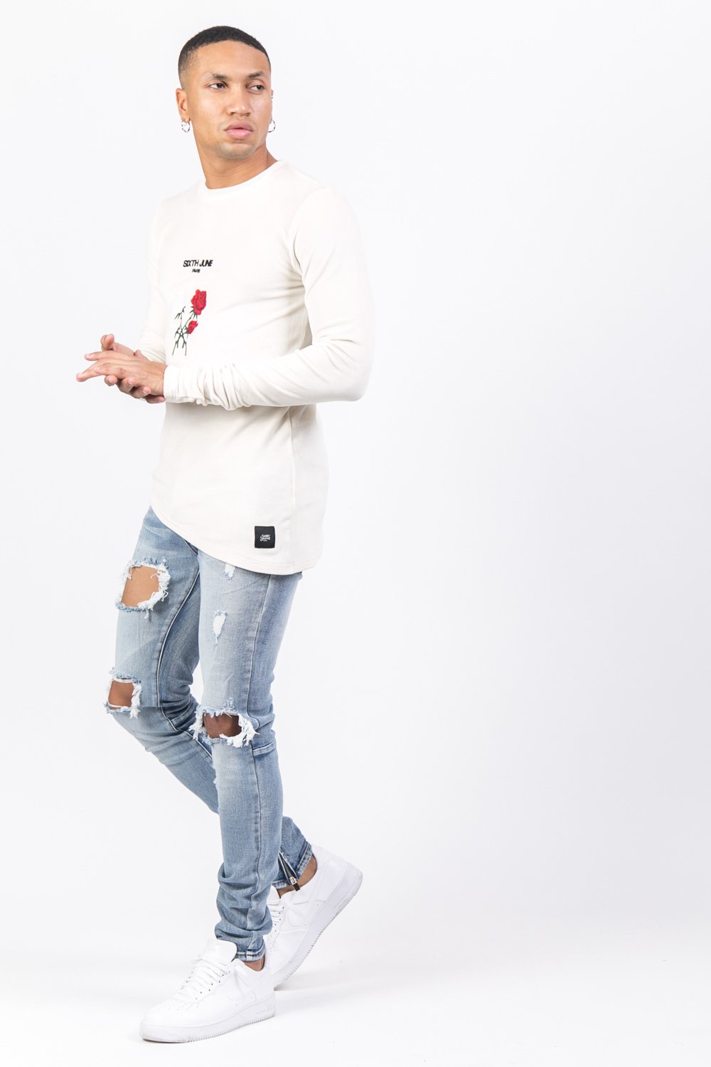 T-shirt asymétrique velours roses blanc