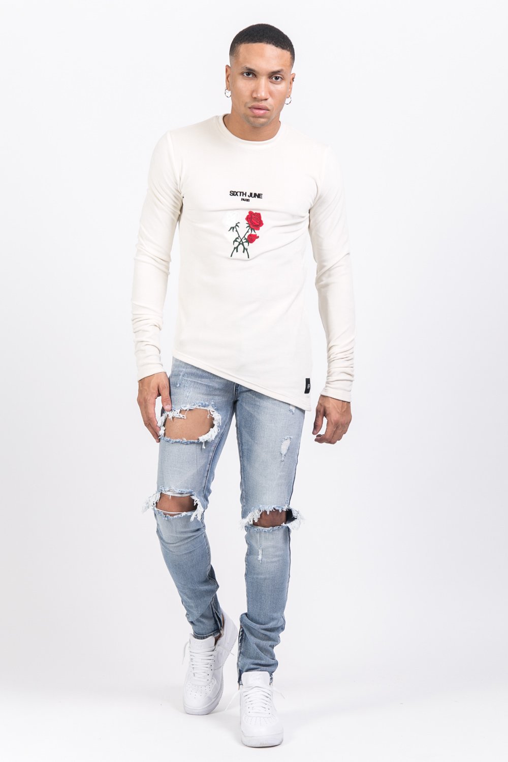 T-shirt asymétrique velours roses blanc