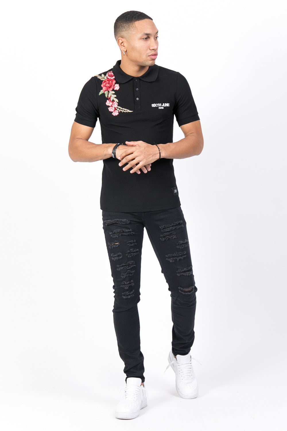 Sixth June - Polo brodé roses noir