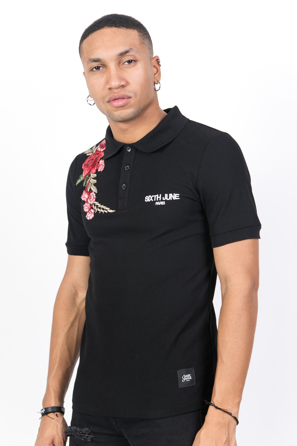 Sixth June - Polo brodé roses noir