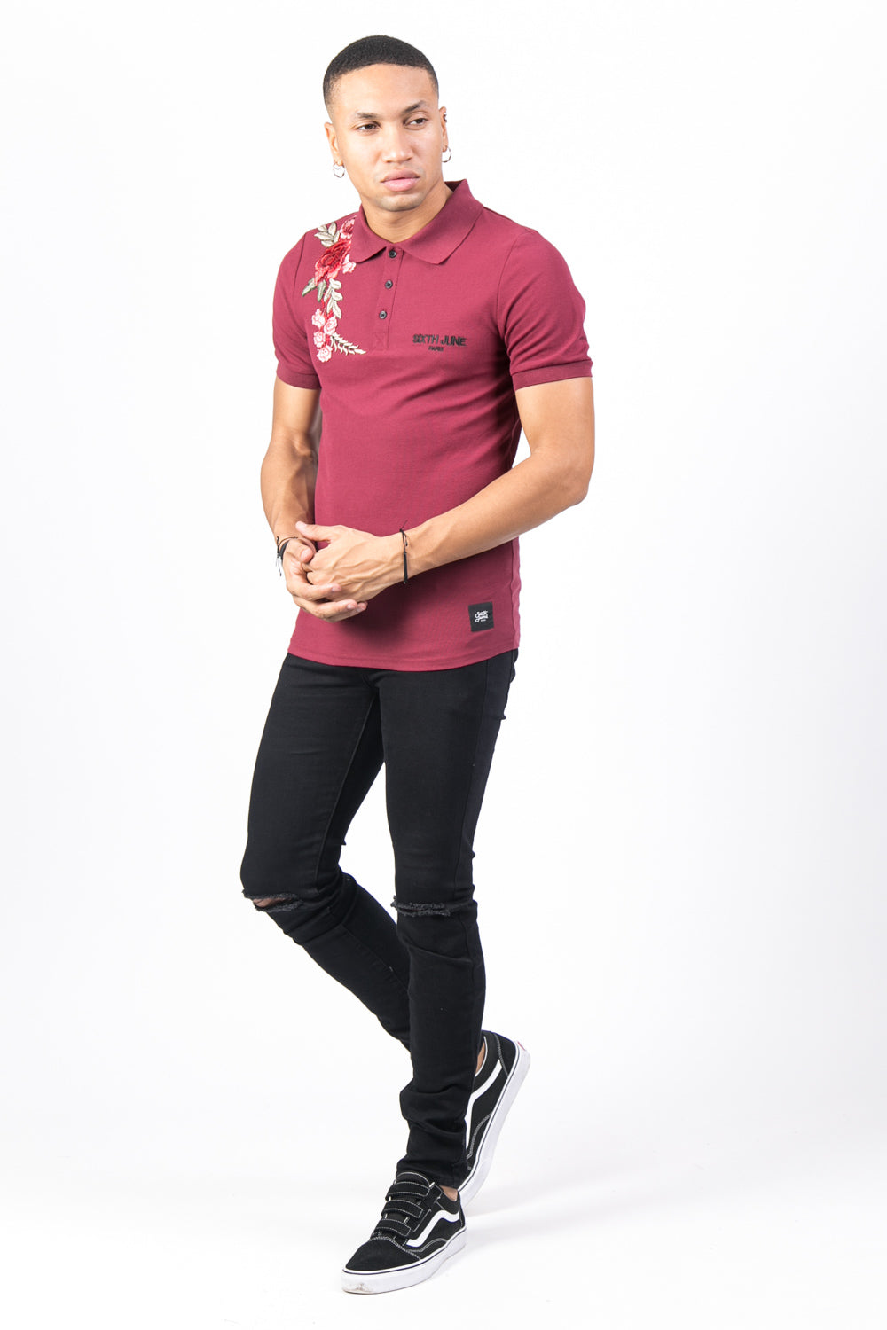 Sixth June - Polo brodé roses bordeaux