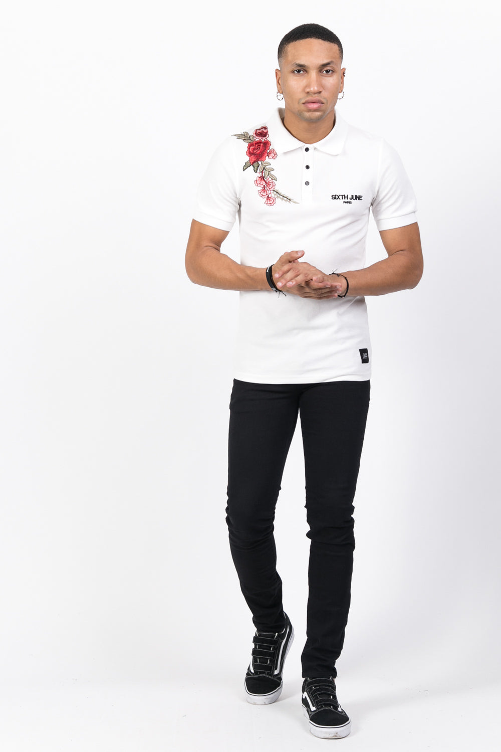 Sixth June - Polo brodé roses blanc