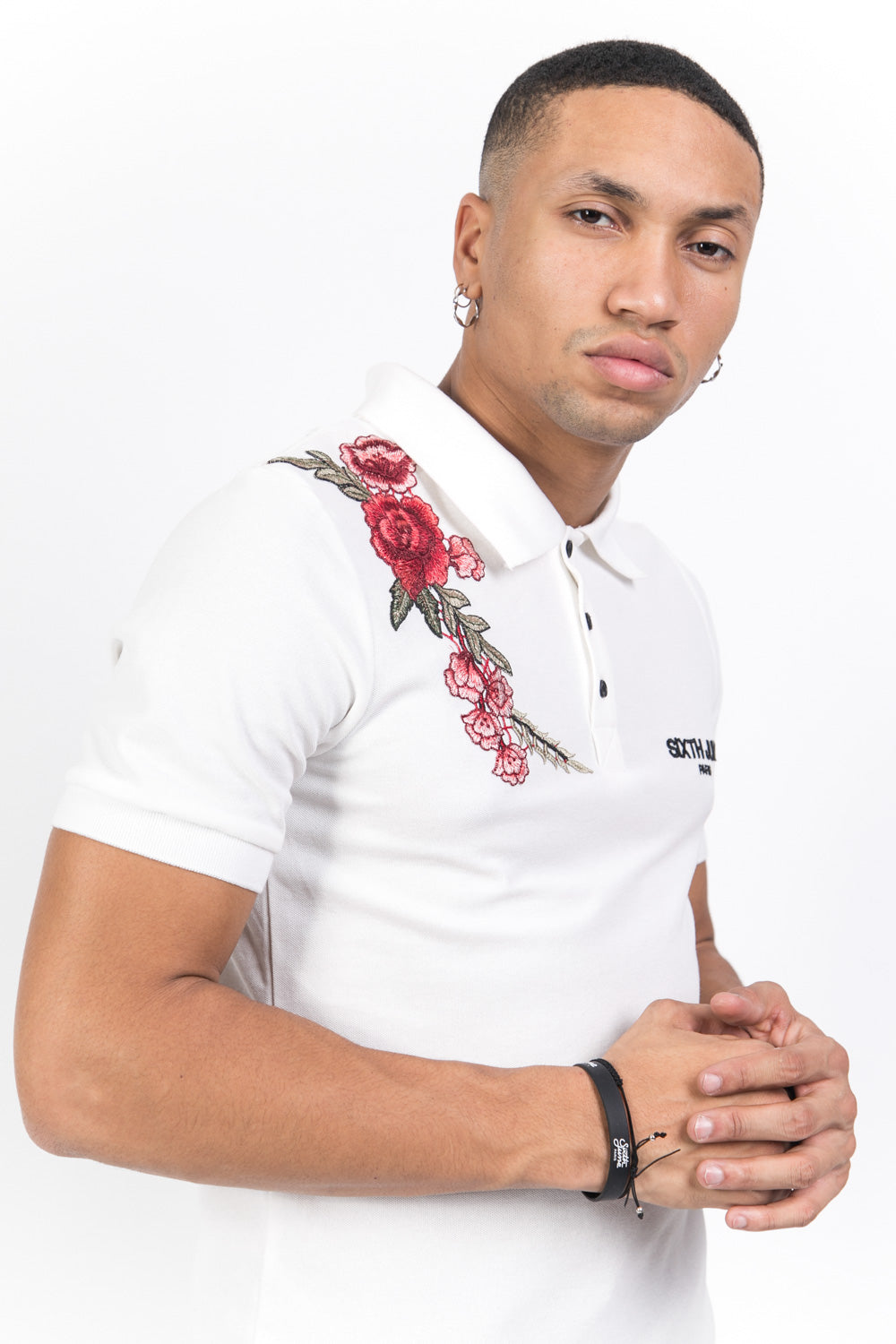 Sixth June - Polo brodé roses blanc