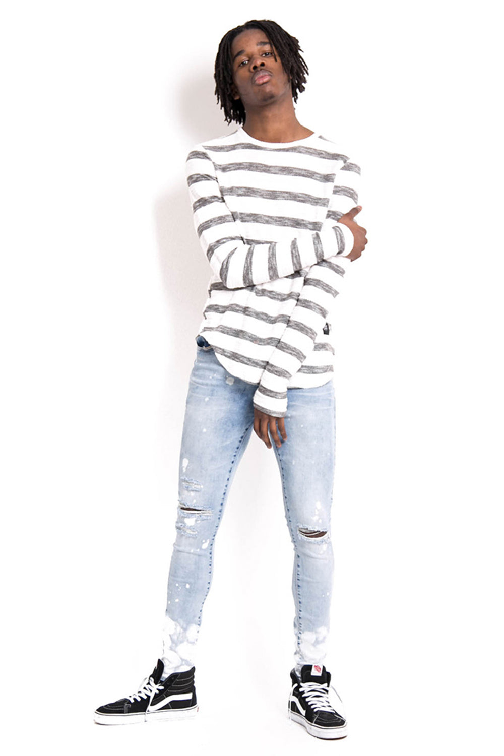 Sixth June - T-shirt rayures coton flammé manches longues blanc gris