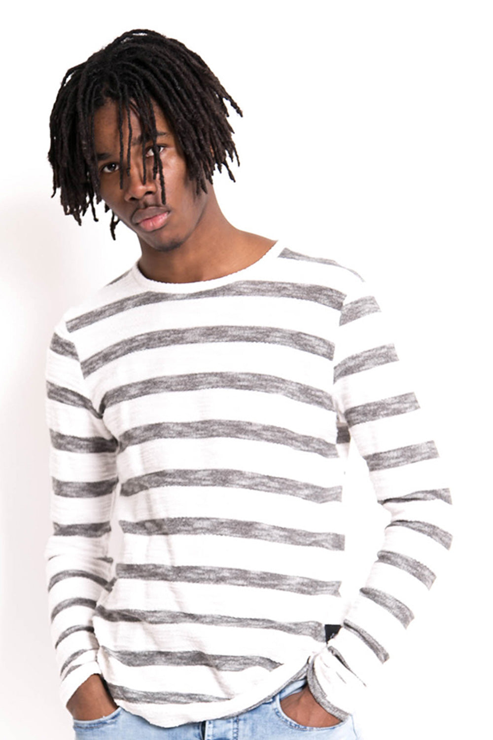 Sixth June - T-shirt rayures coton flammé manches longues blanc gris