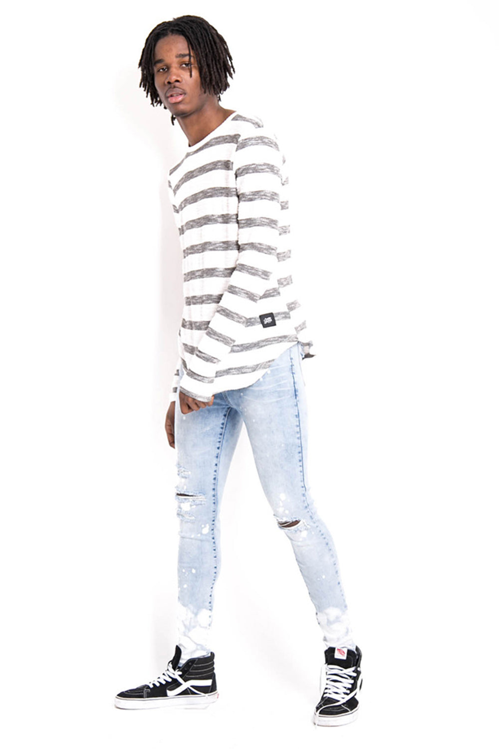 Sixth June - T-shirt rayures coton flammé manches longues blanc gris