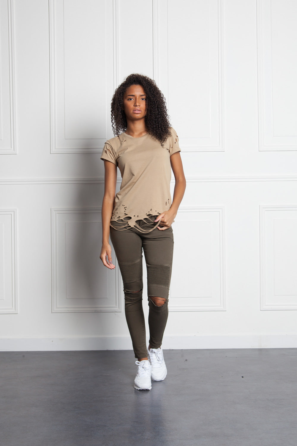 Sixth June - T-shirt uni destroy Femme beige W2370VTS