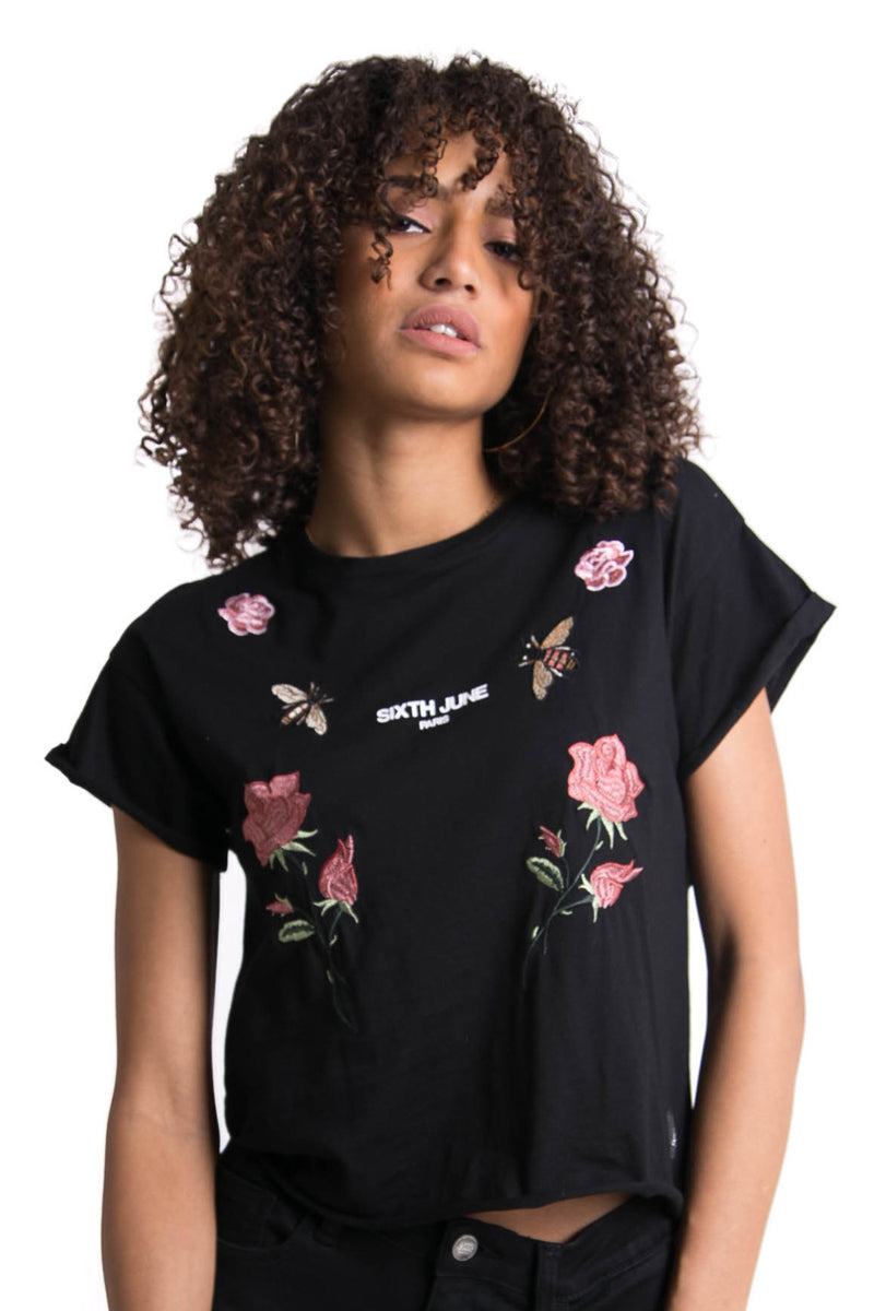Sixth June - T-shirt ouvert roses guêpes noir