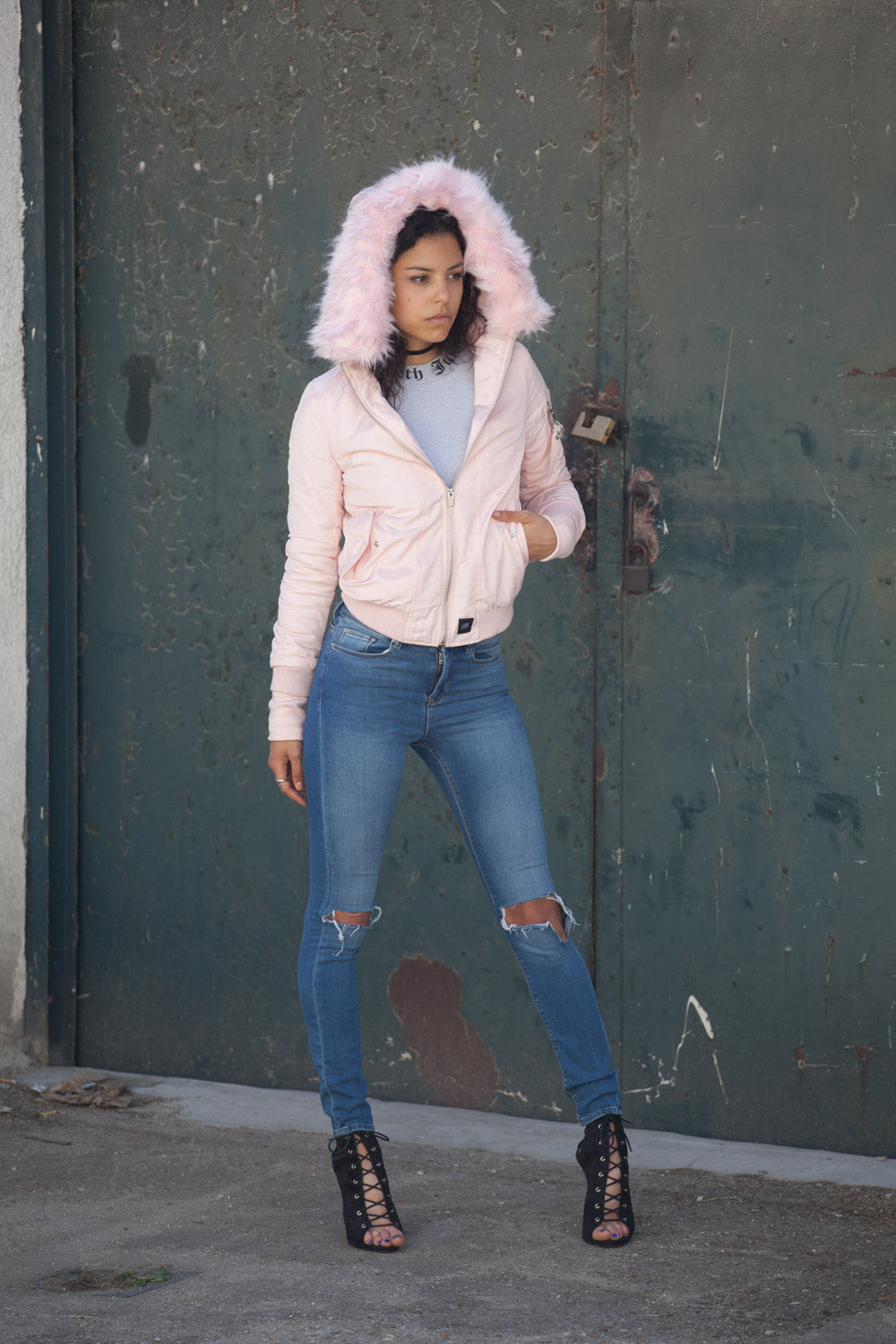 Sixth June - Bomber Femme capuche fourrure rose W2030CJA