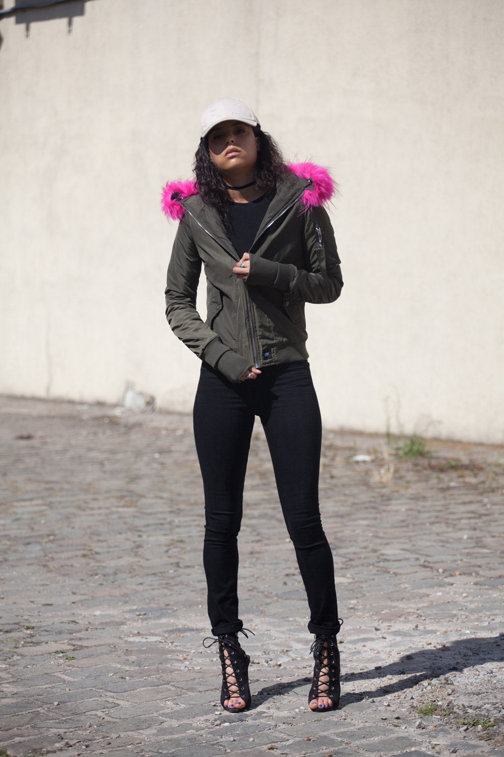 Sixth June - Bomber Femme capuche fourrure kaki rose W2030CJA