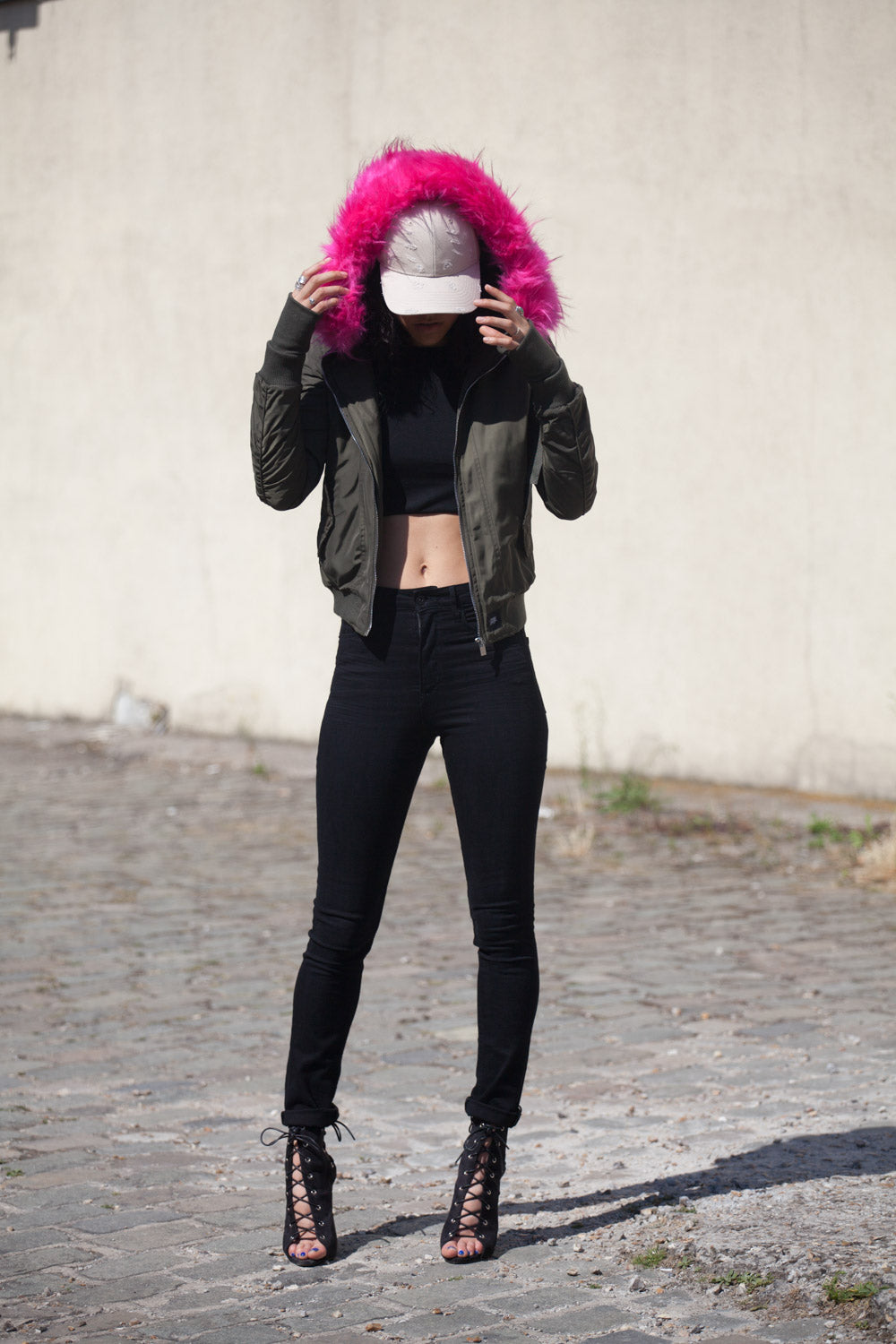 Sixth June - Bomber Femme capuche fourrure kaki rose W2030CJA