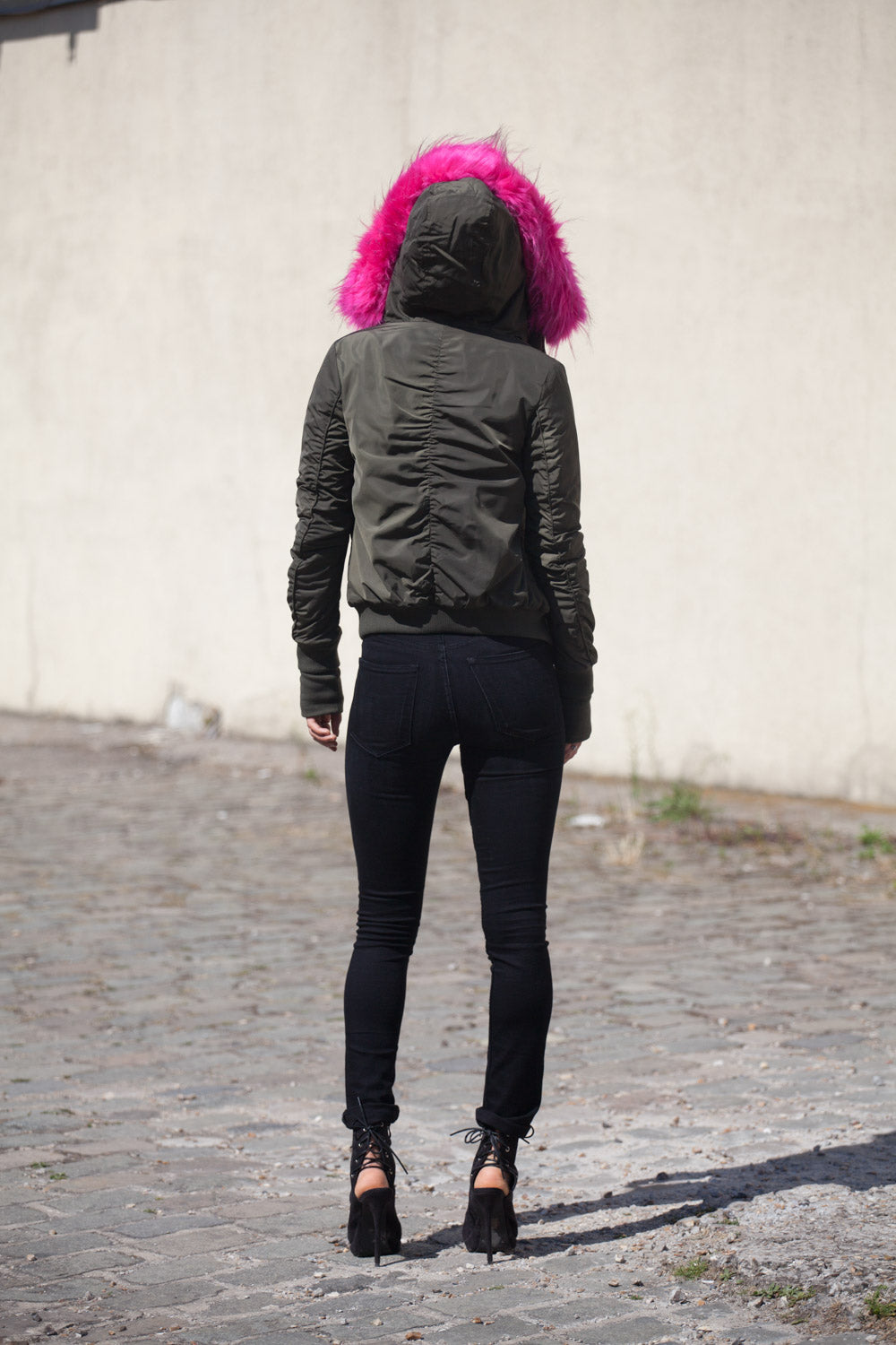 Sixth June - Bomber Femme capuche fourrure kaki rose W2030CJA