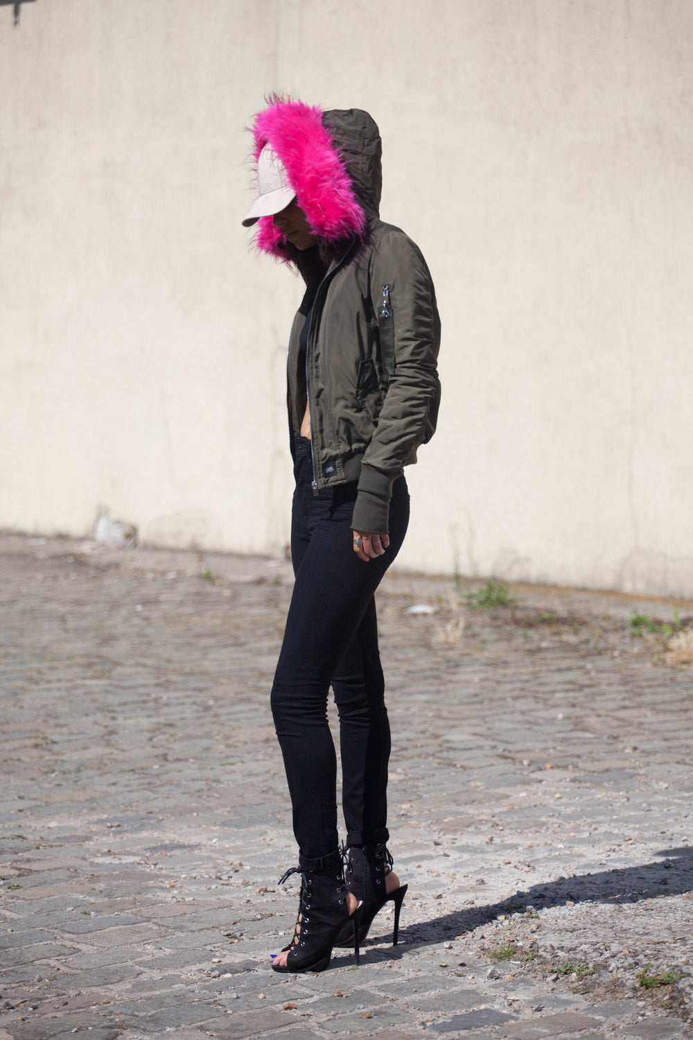 Sixth June - Bomber Femme capuche fourrure kaki rose W2030CJA