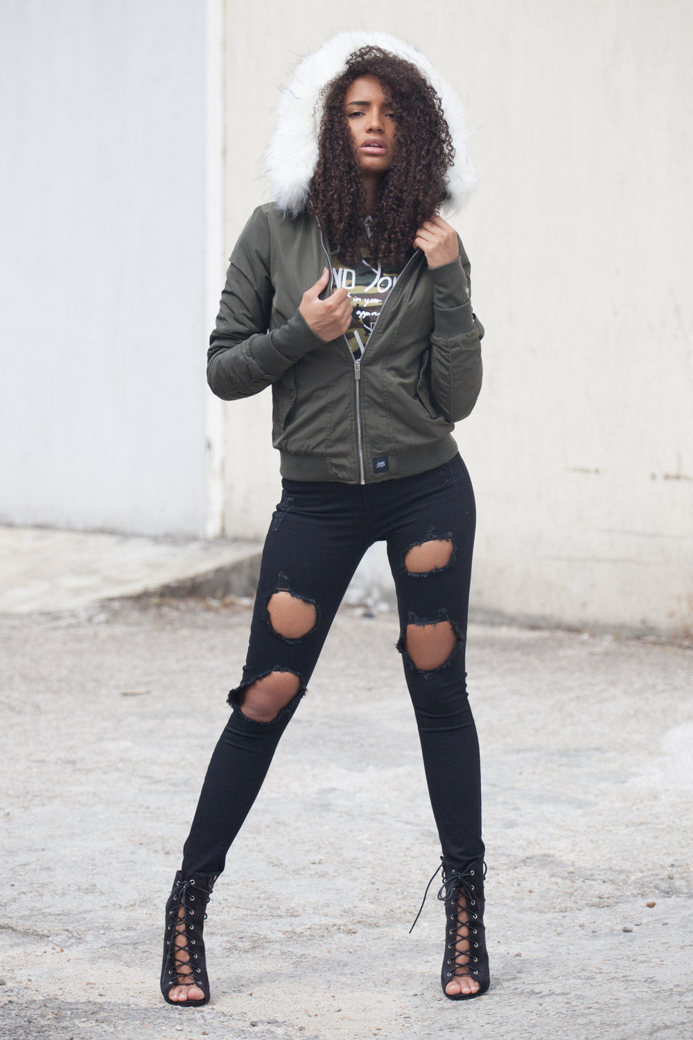 Sixth June - Bomber Femme capuche fourrure kaki blanc W2030CJA