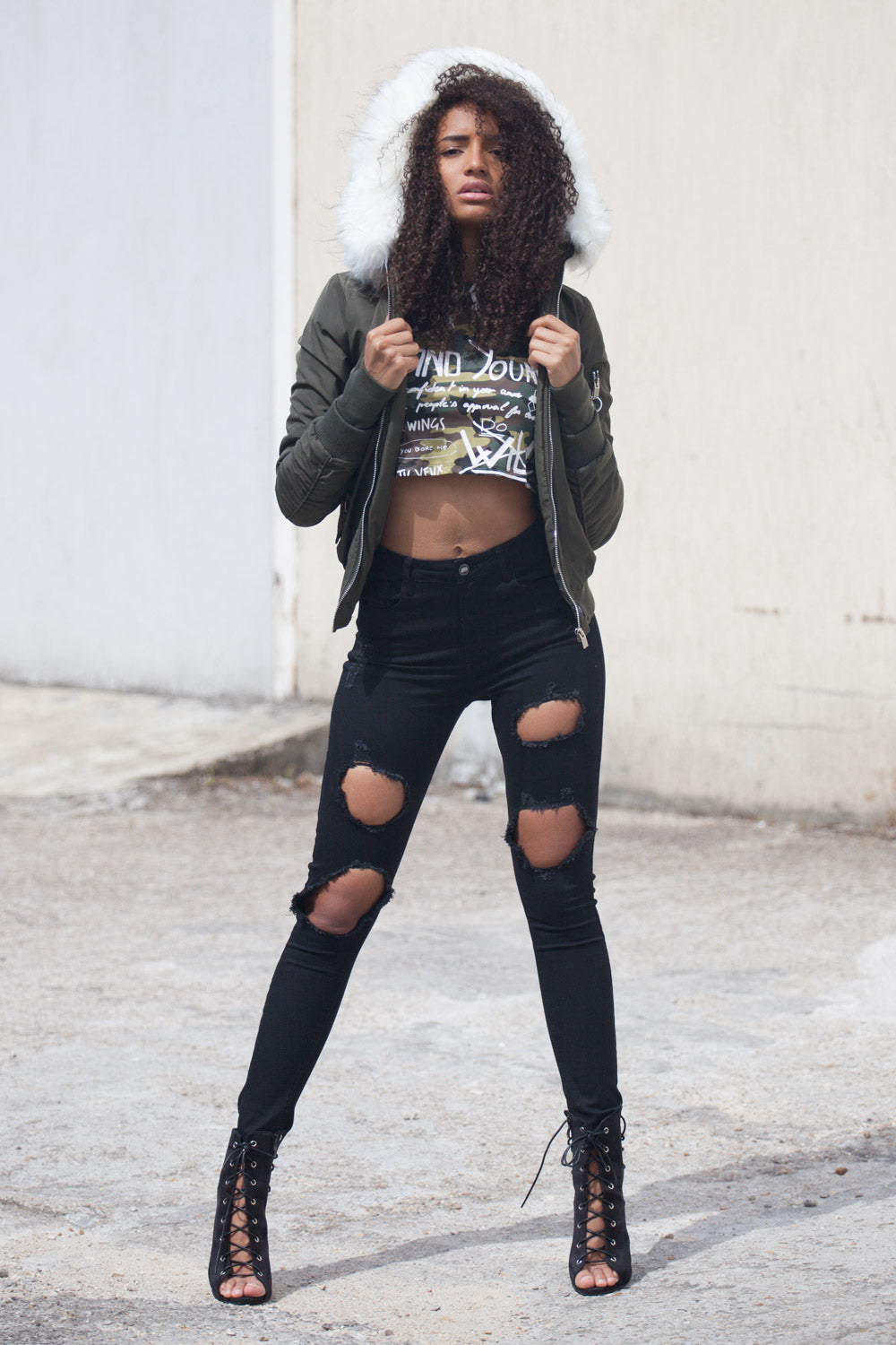 Sixth June - Bomber Femme capuche fourrure kaki blanc W2030CJA