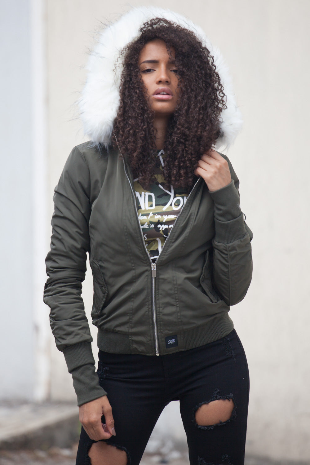 Sixth June - Bomber Femme capuche fourrure kaki blanc W2030CJA