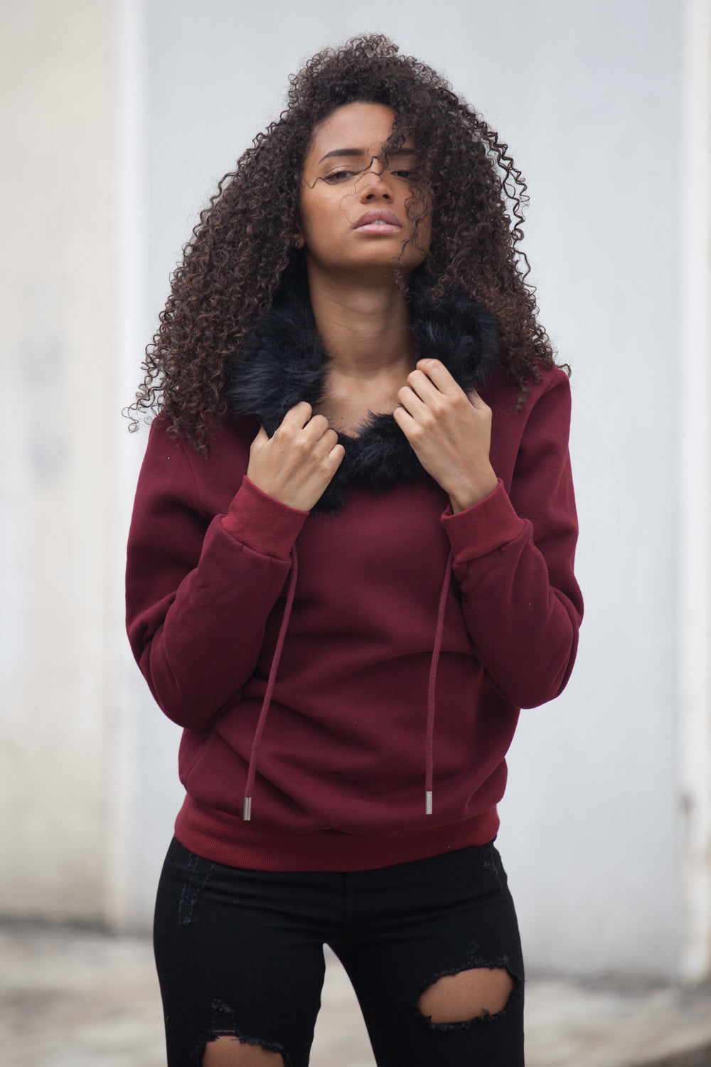 Sixth June - Sweat capuche fourrure Femme bordeaux 2165C