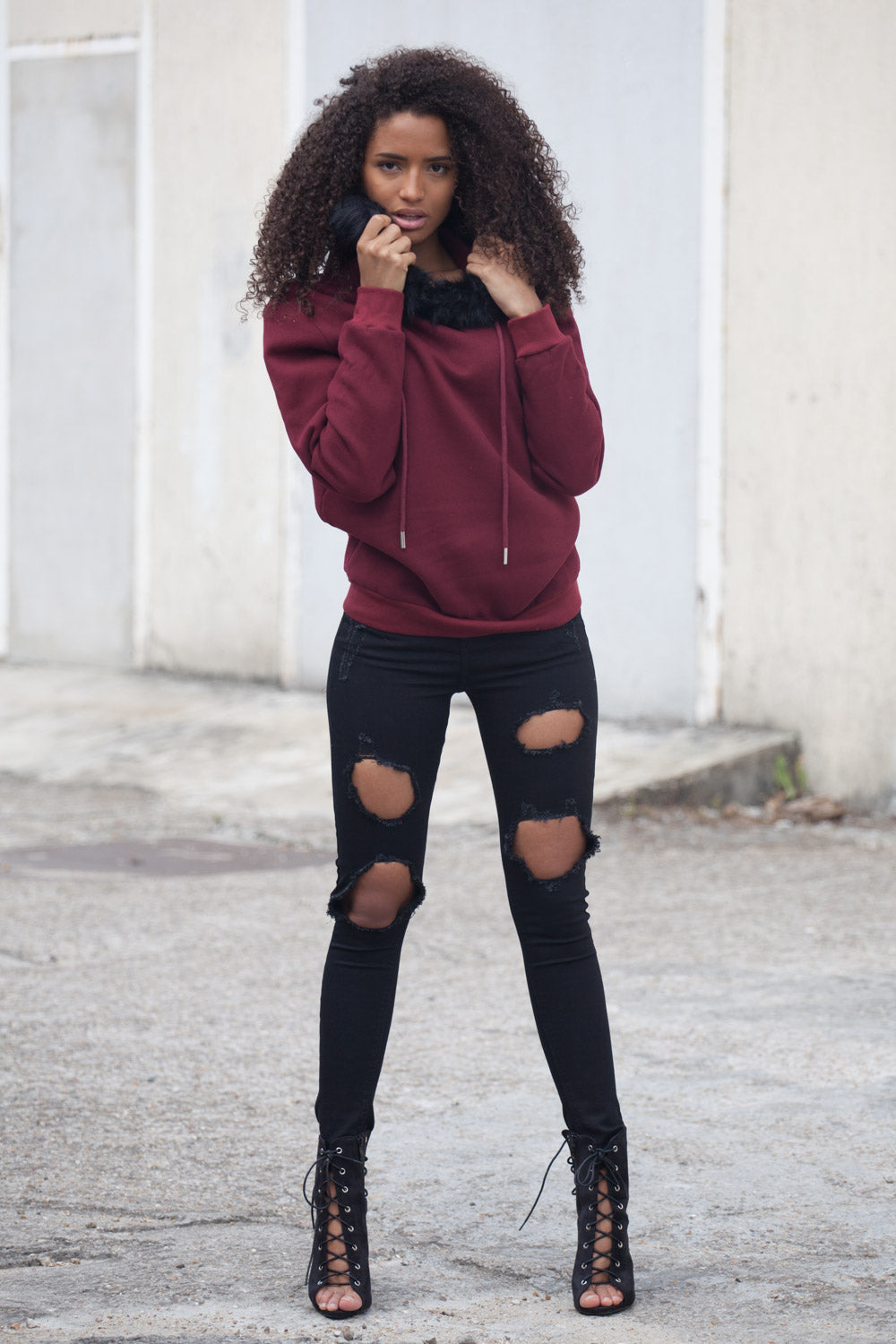 Sixth June - Sweat capuche fourrure Femme bordeaux 2165C