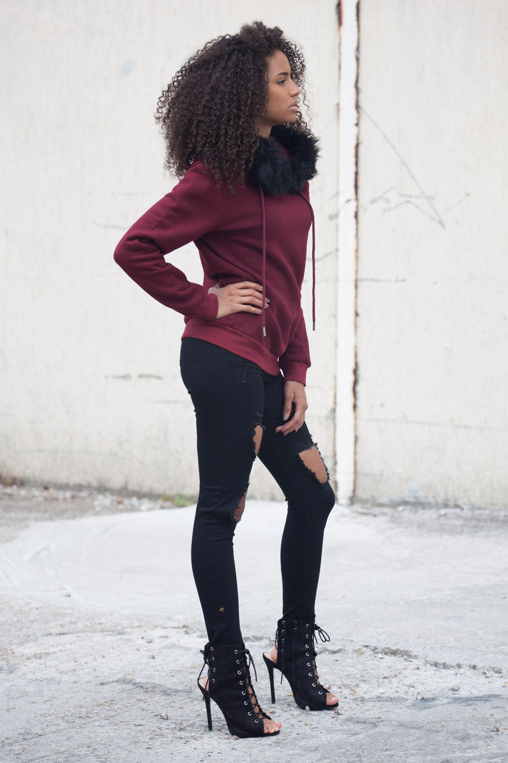 Sixth June - Sweat capuche fourrure Femme bordeaux 2165C