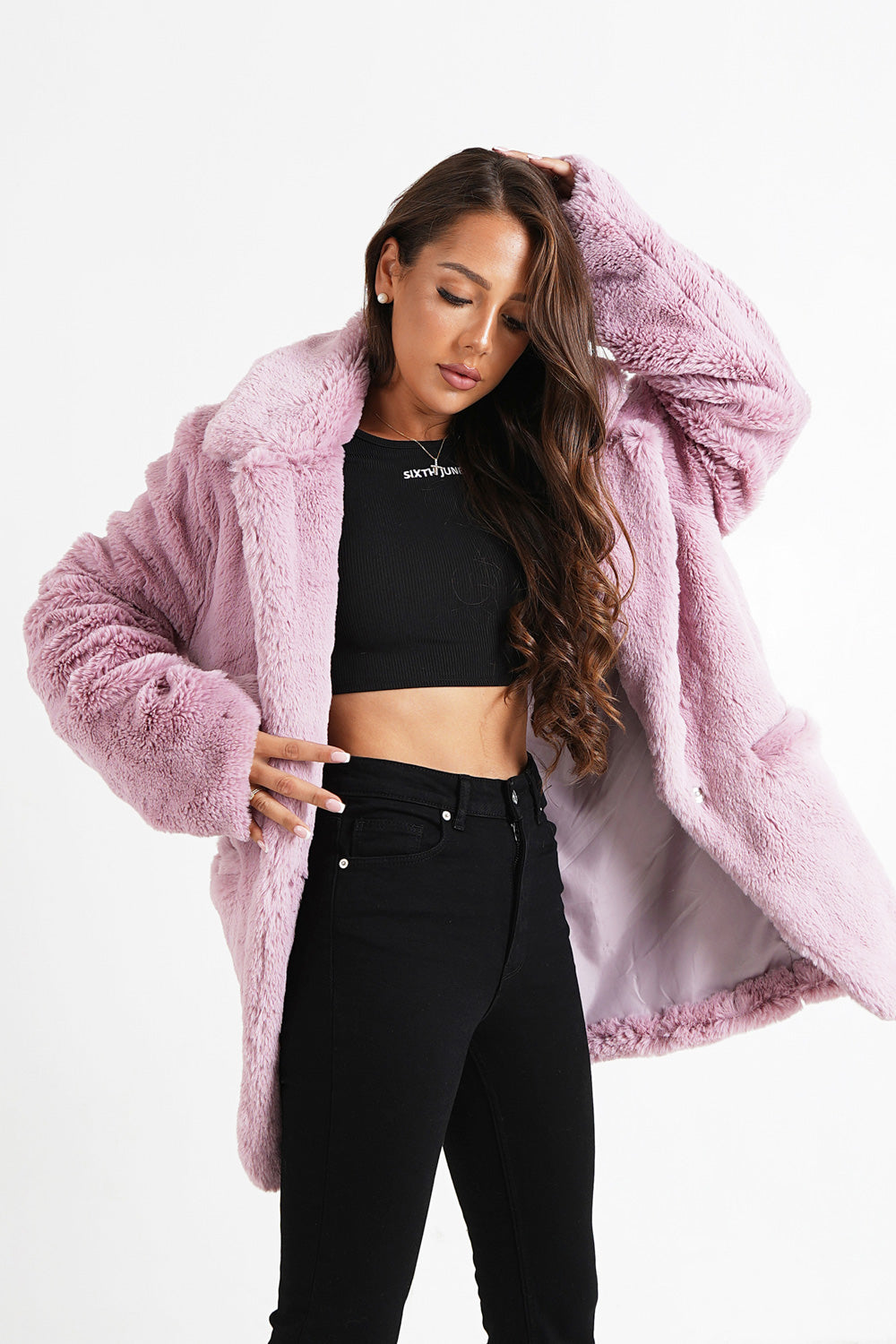 Sixth June - Veste longue fourrure Rose