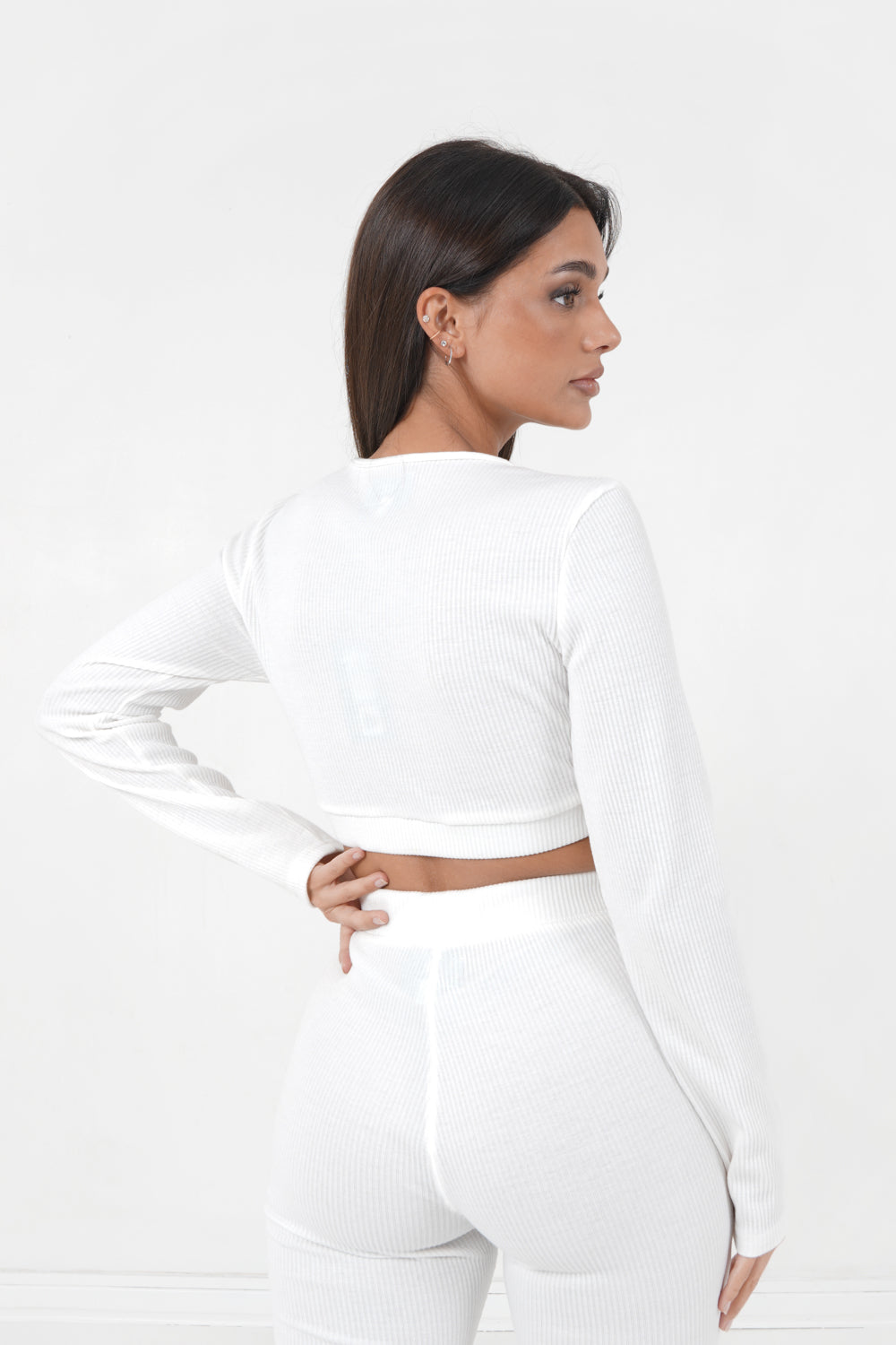 Geripptes Langarmshirt in gebrochenem Weiß