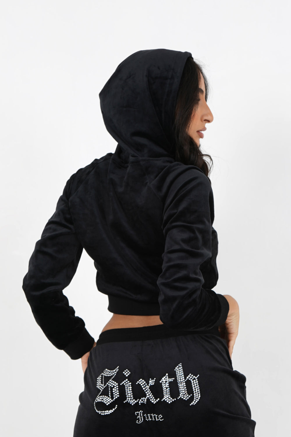 Sixth June - Sweatshirt capuche velours strass Noir