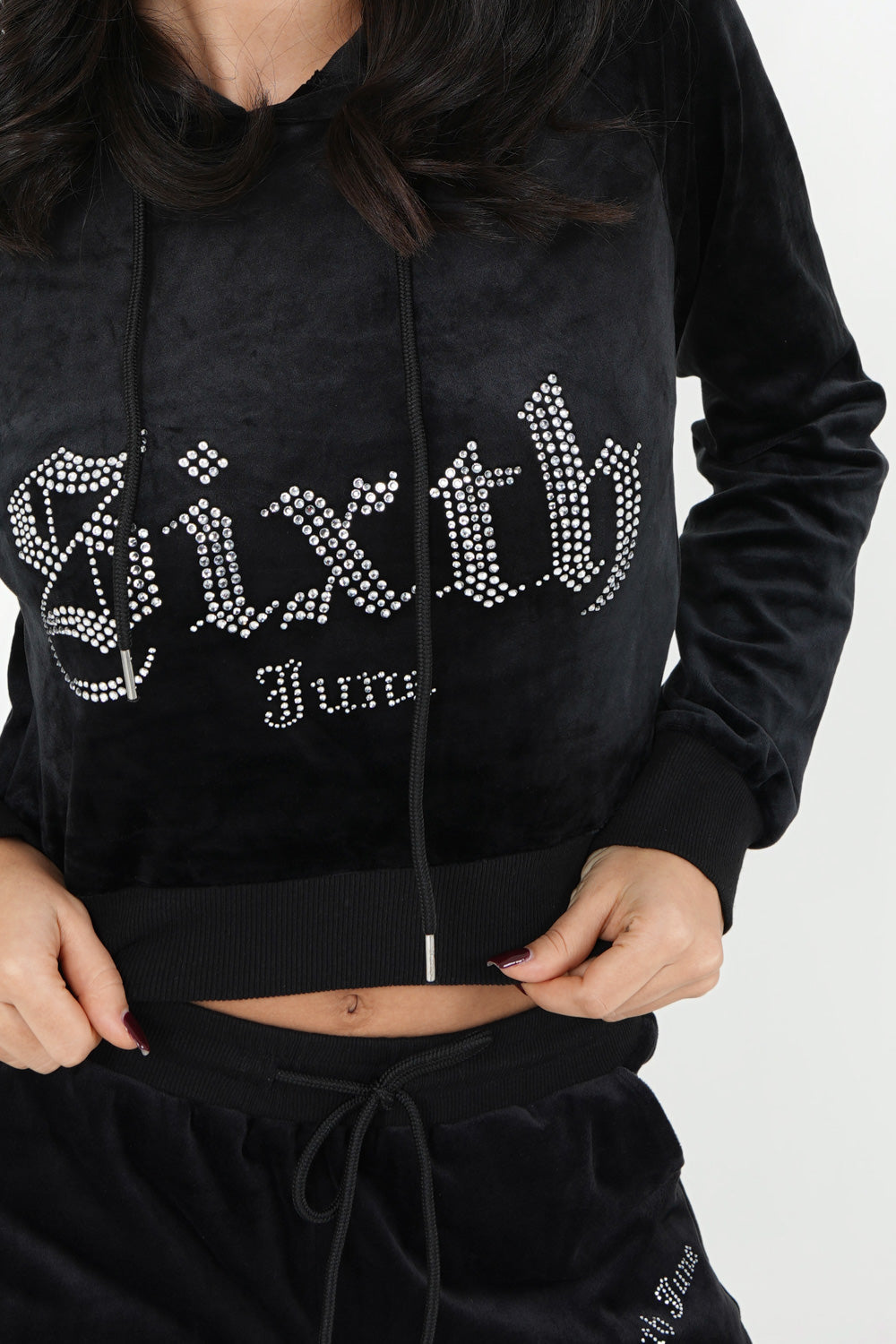Sixth June - Sweatshirt capuche velours strass Noir