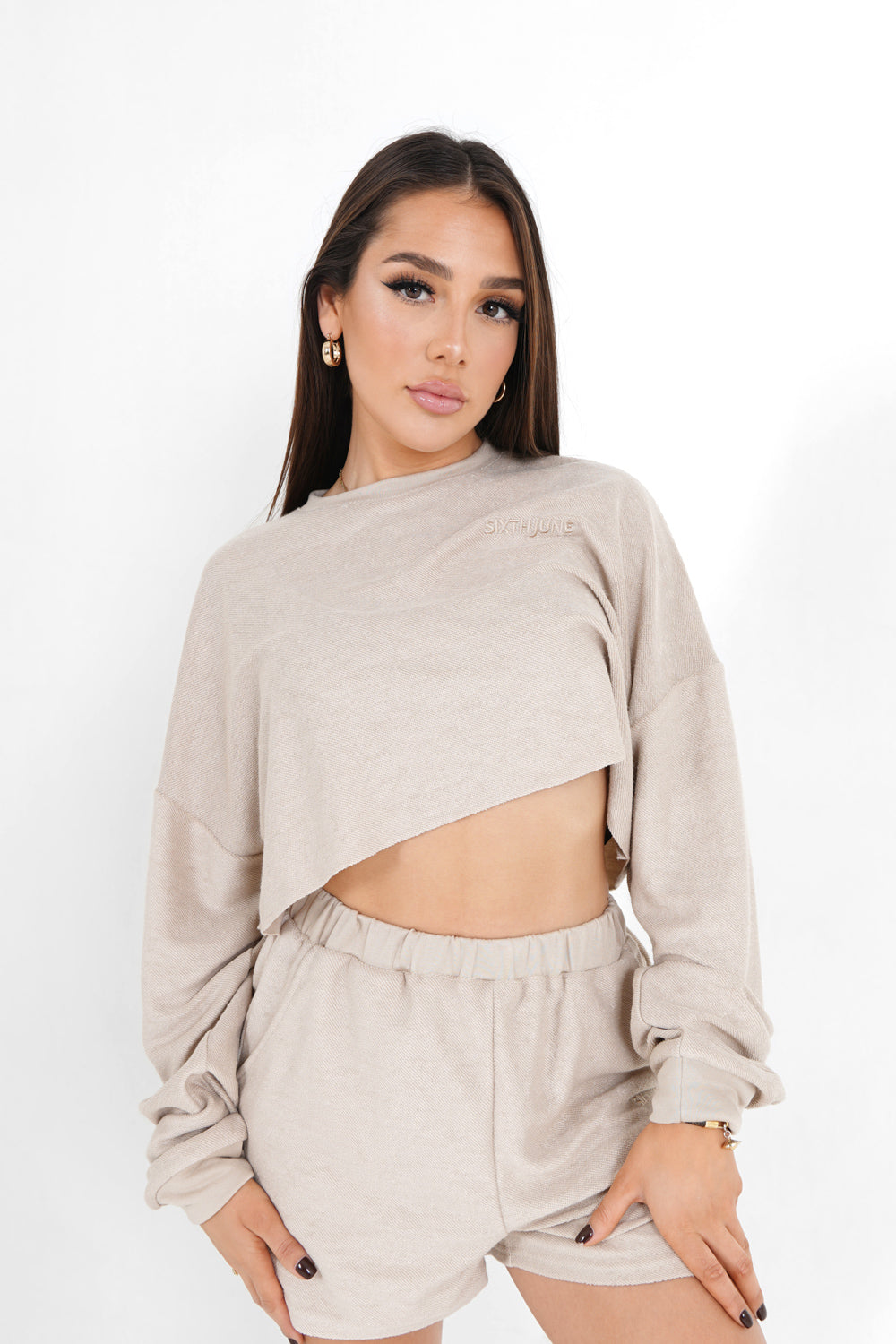 Sixth June - Sweatshirt court tissu bouclette Beige clair