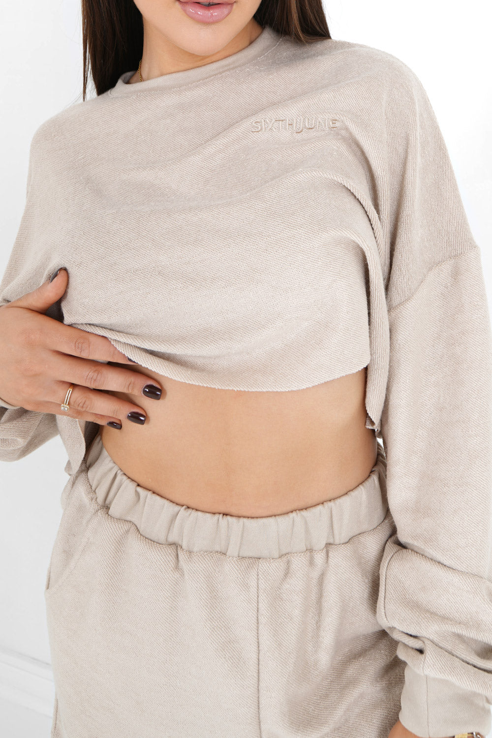 Sixth June - Sweatshirt court tissu bouclette Beige clair