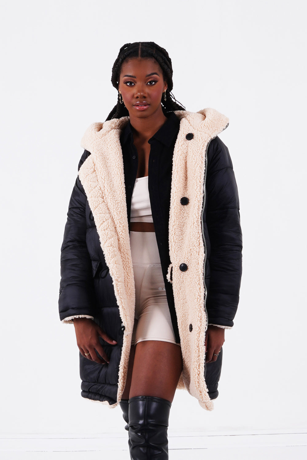 Sixth June - Doudoune longue réversible sherpa Beige