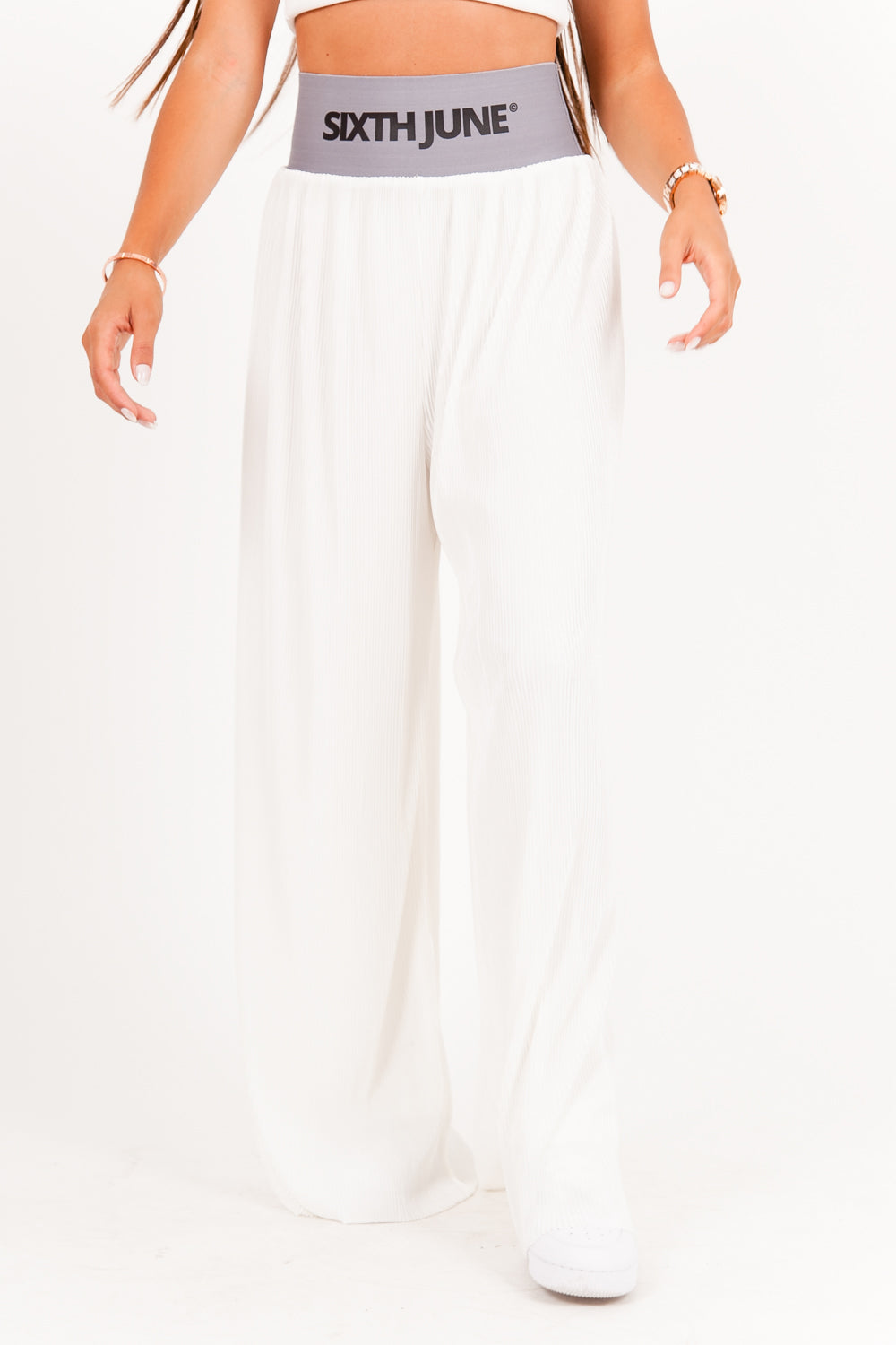 Sixth June - Pantalon large ceinture logo blanc