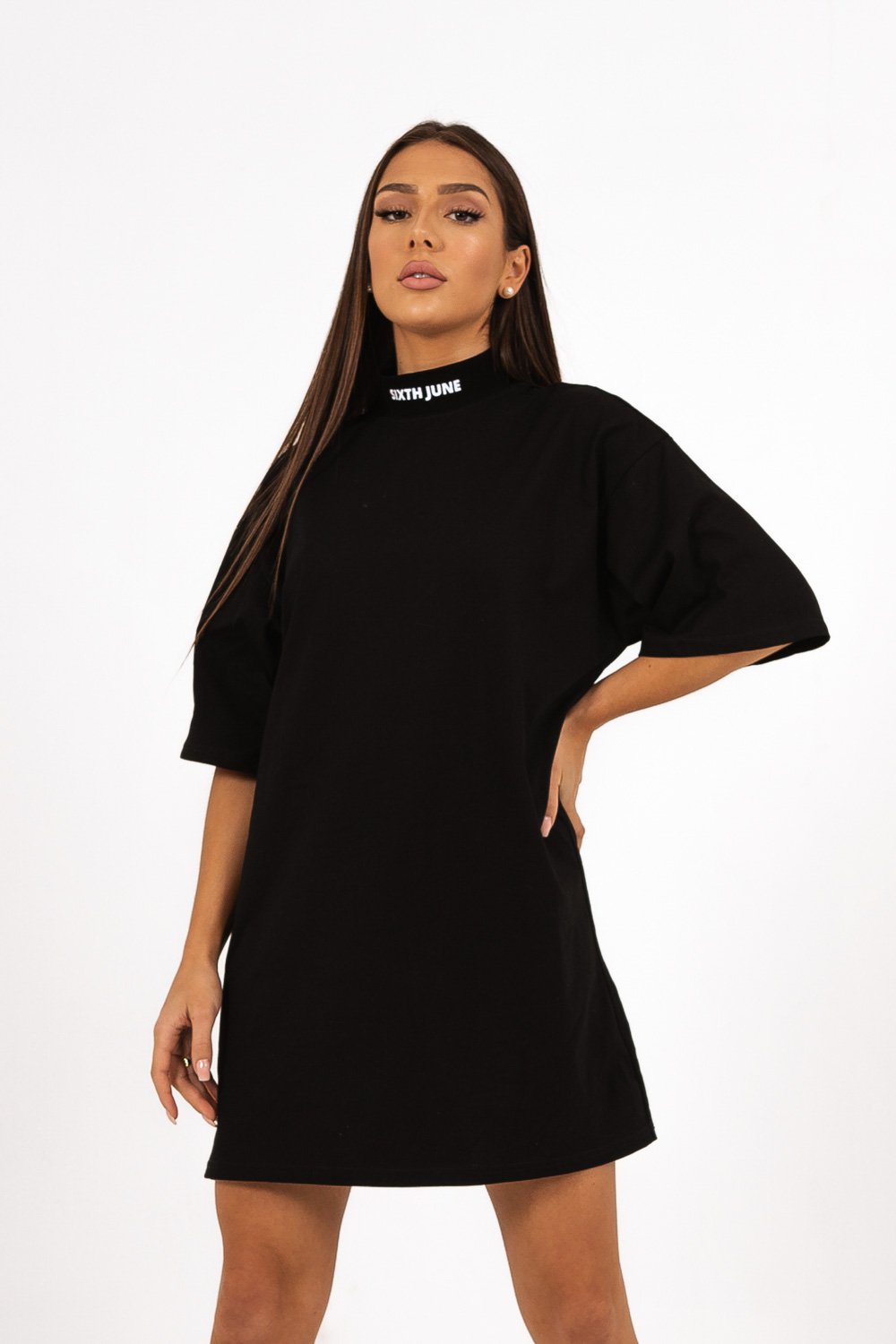 black high neck t shirt dress Black High Neck Cotton T-shirt Dress