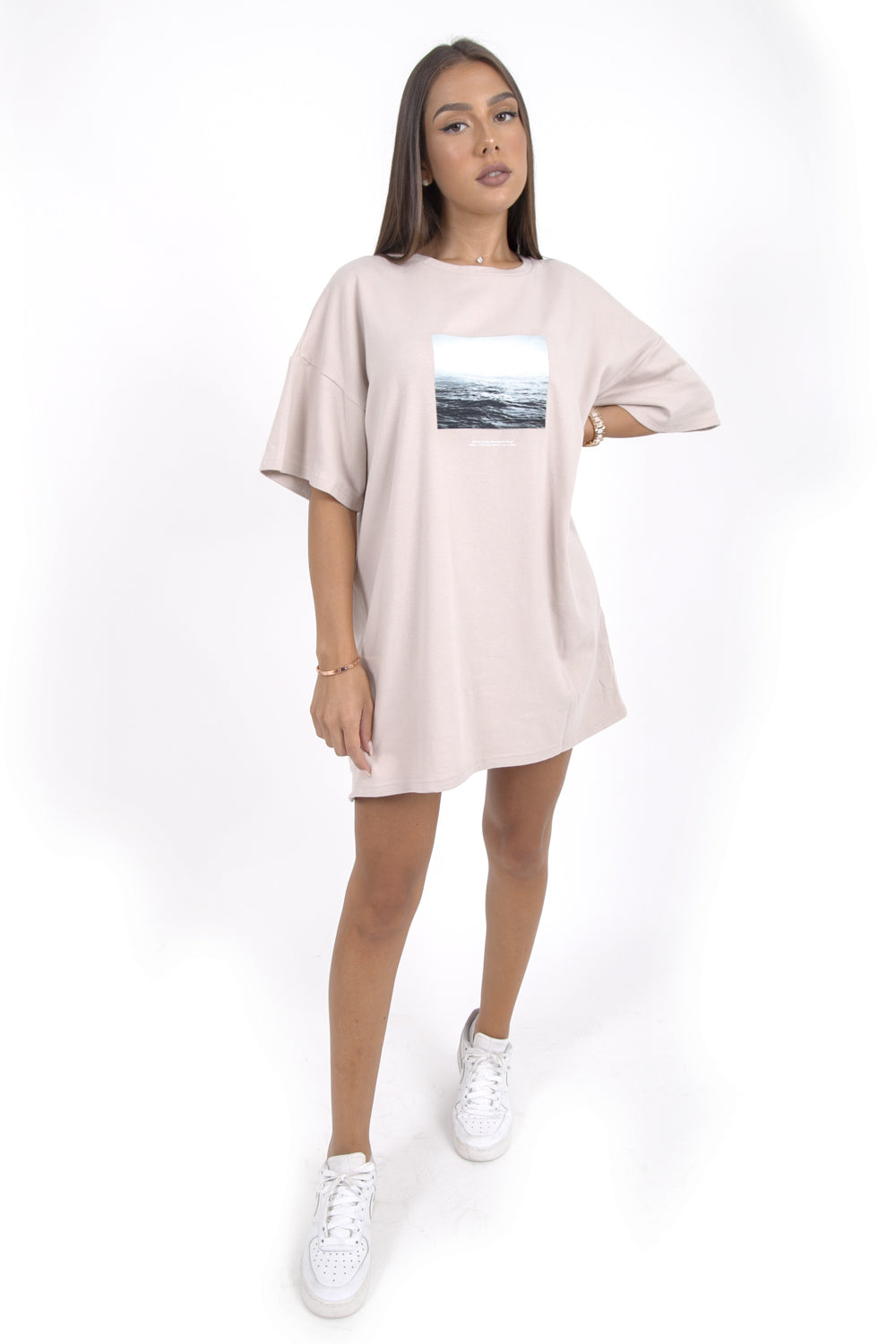 Sixth June - Robe t-shirt oversize imprimé océan beige