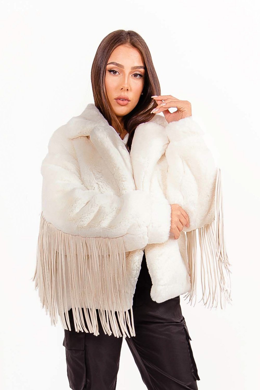 Sixth June - Veste fausse fourrure franges Blanc cassé