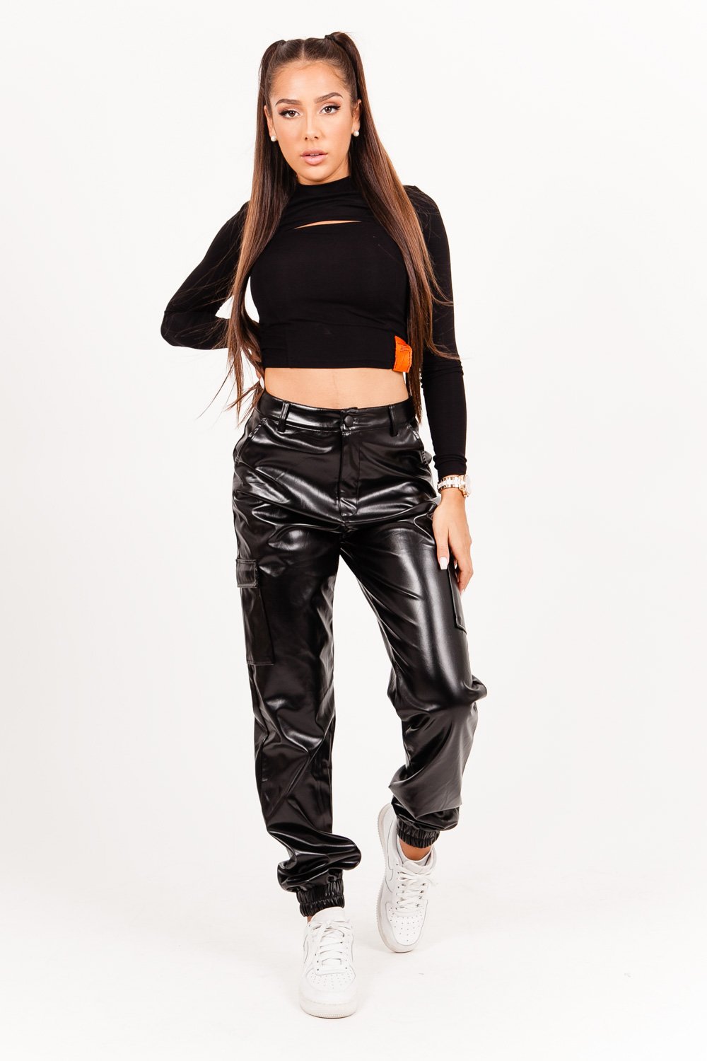 cargo faux leather pants black