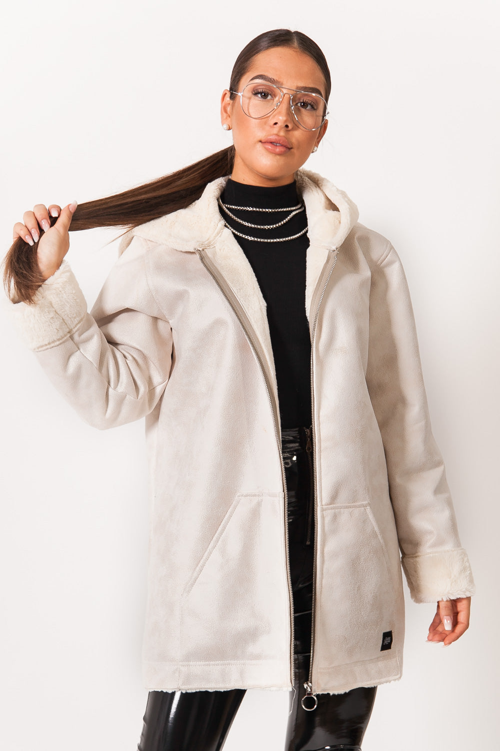 Sixth June - Veste longue doublée simili cuir mouton blanc