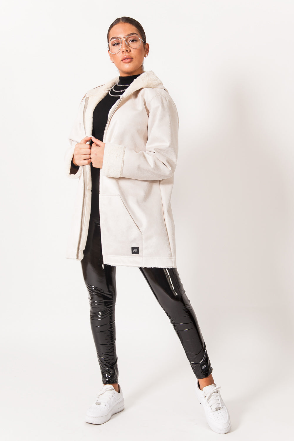 Sixth June - Veste longue doublée simili cuir mouton blanc