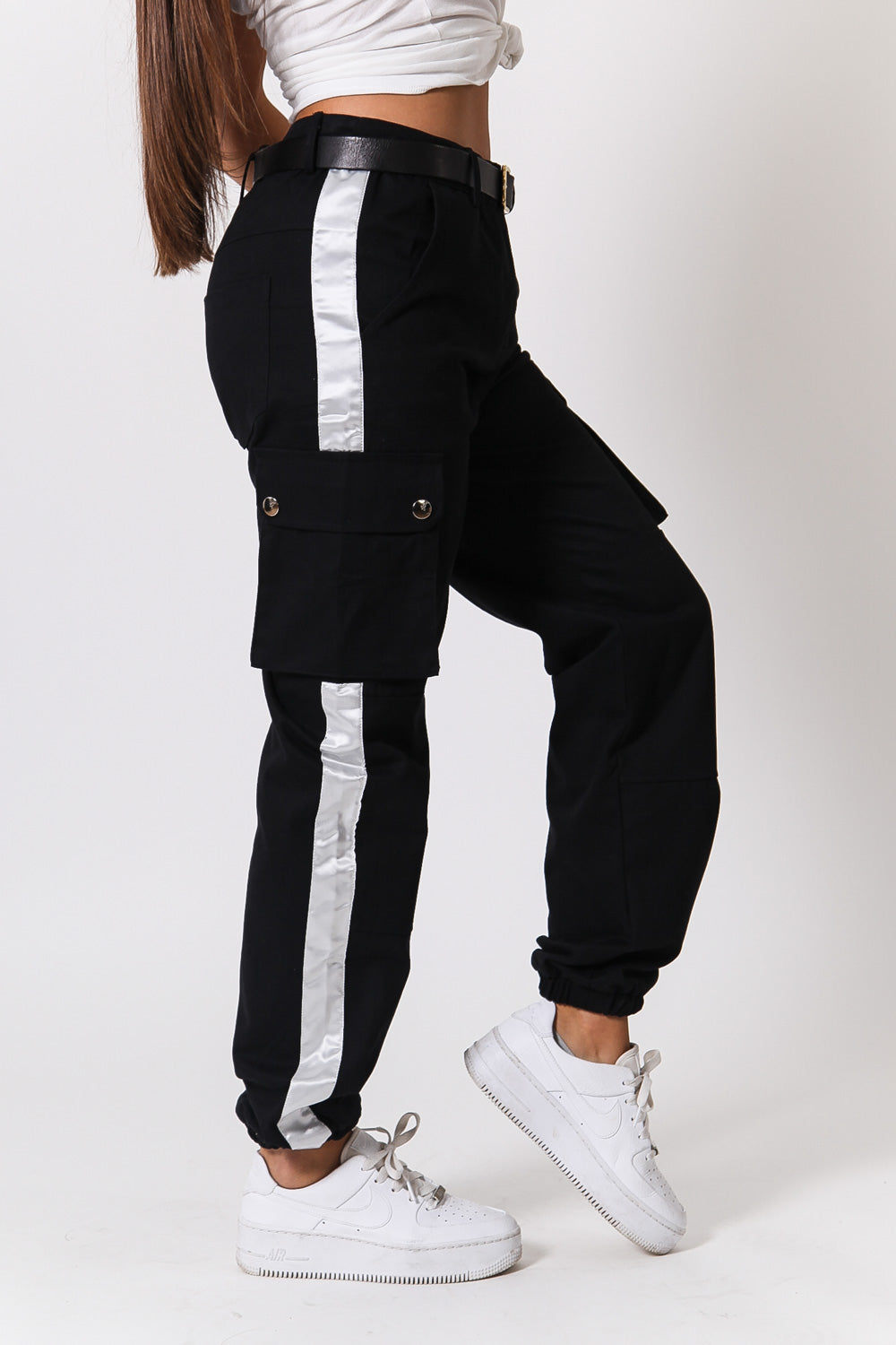 Sixth June - Pantalon cargo bandes satin noir blanc