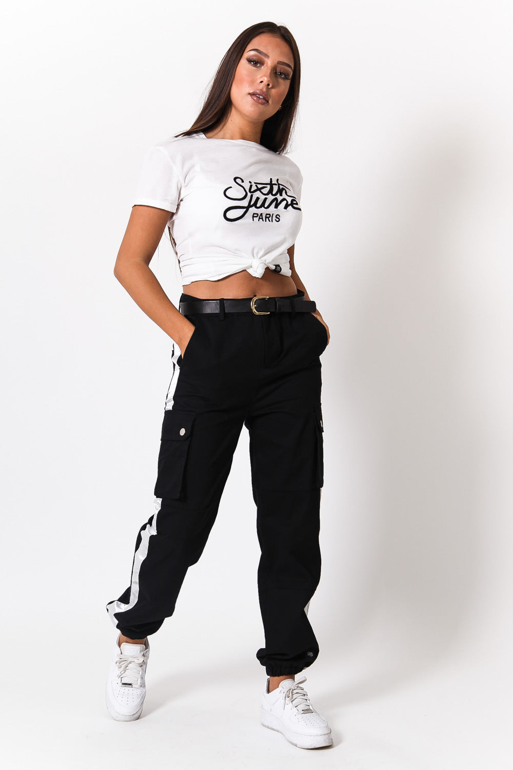 Sixth June - Pantalon cargo bandes satin noir blanc