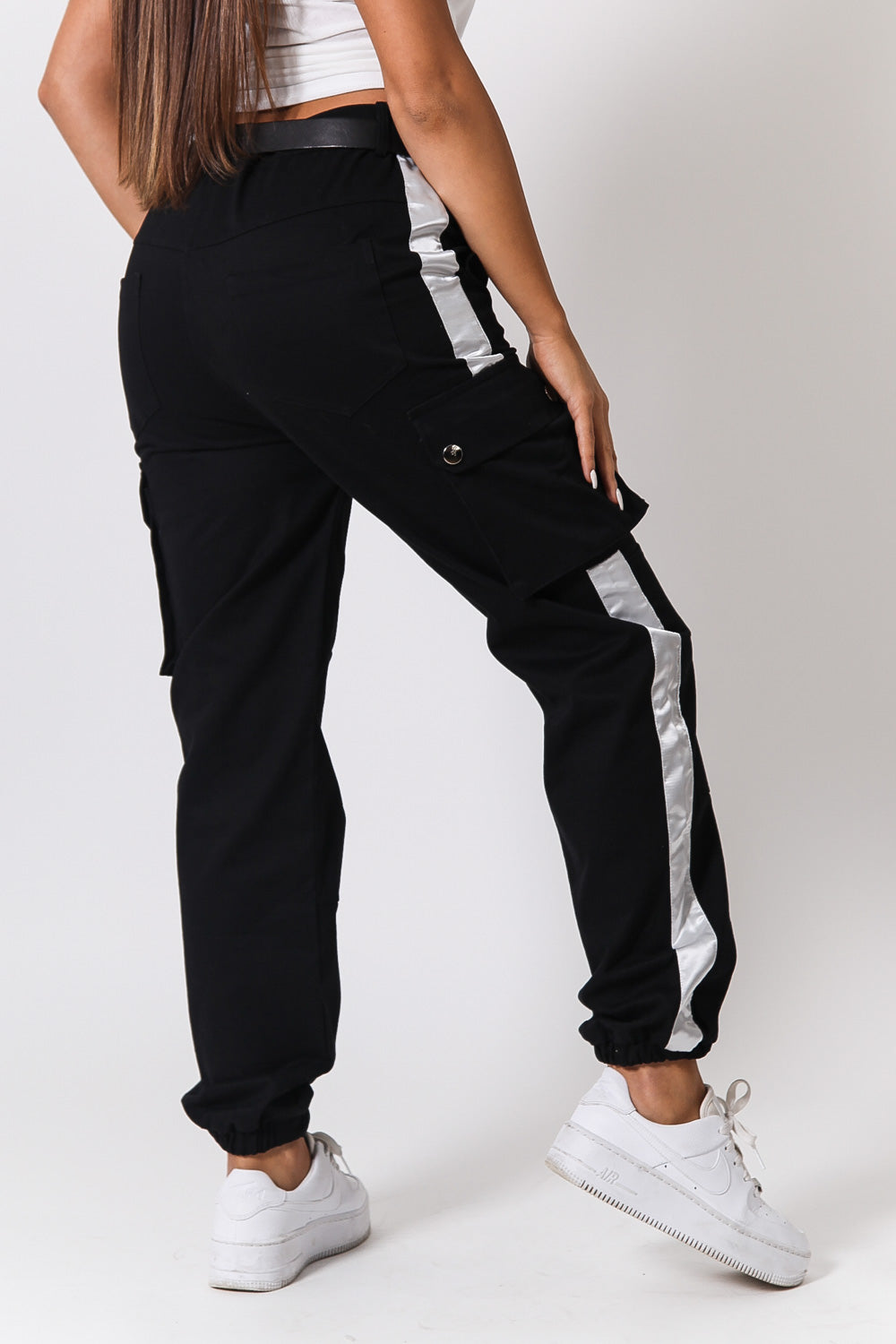 Sixth June - Pantalon cargo bandes satin noir blanc