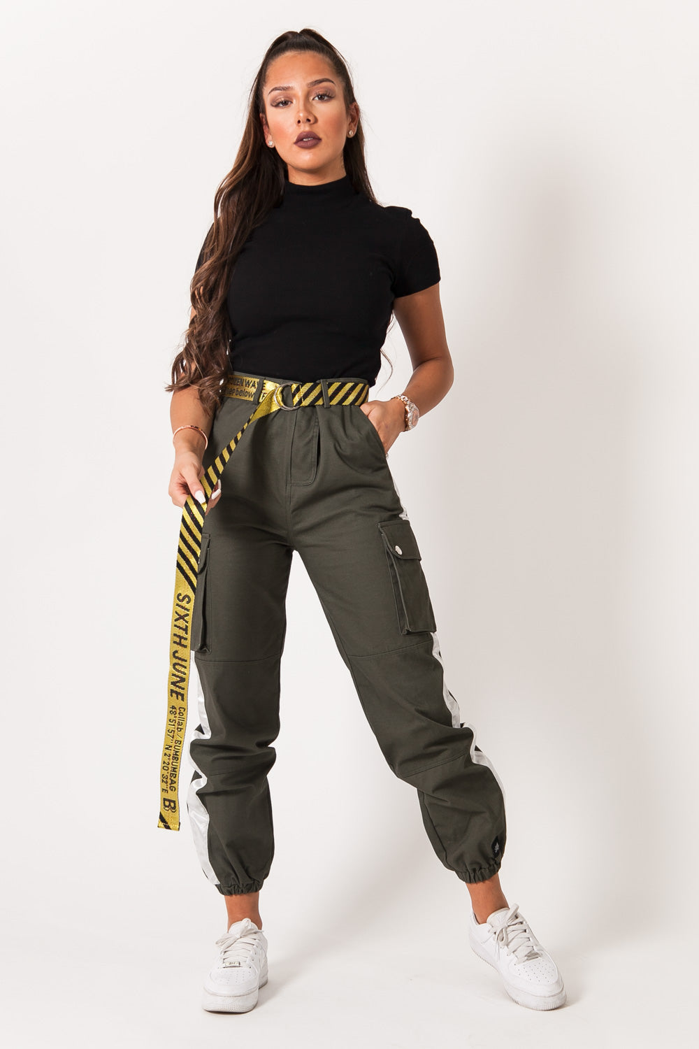 Sixth June - Pantalon cargo bandes satin vert blanc