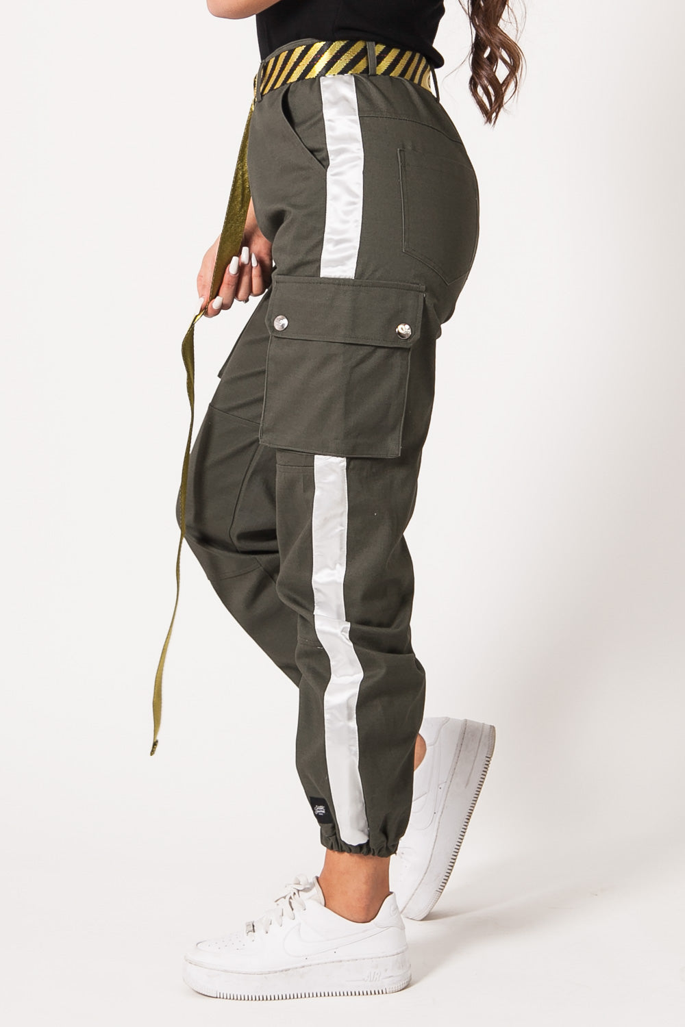 Sixth June - Pantalon cargo bandes satin vert blanc