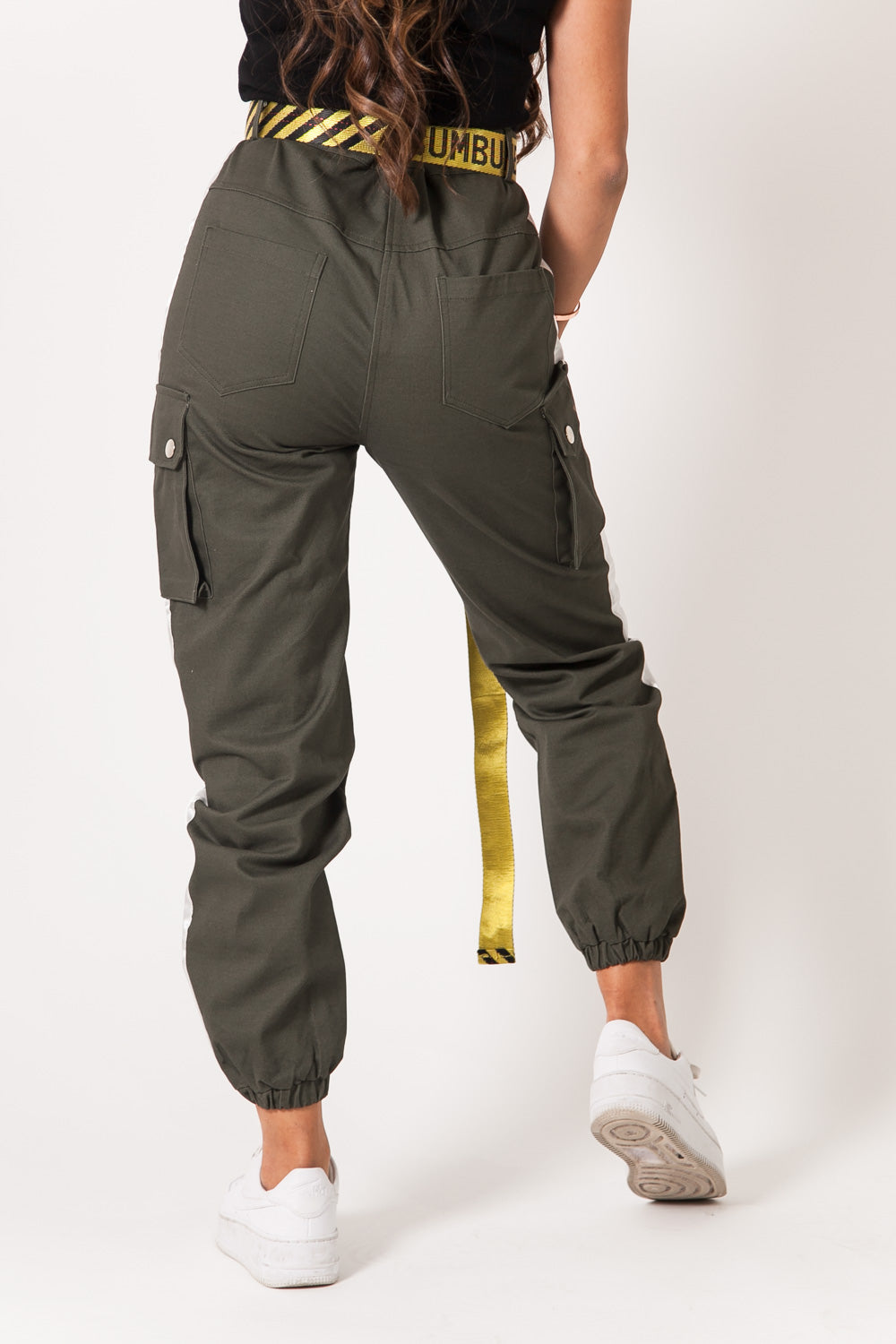 Sixth June - Pantalon cargo bandes satin vert blanc